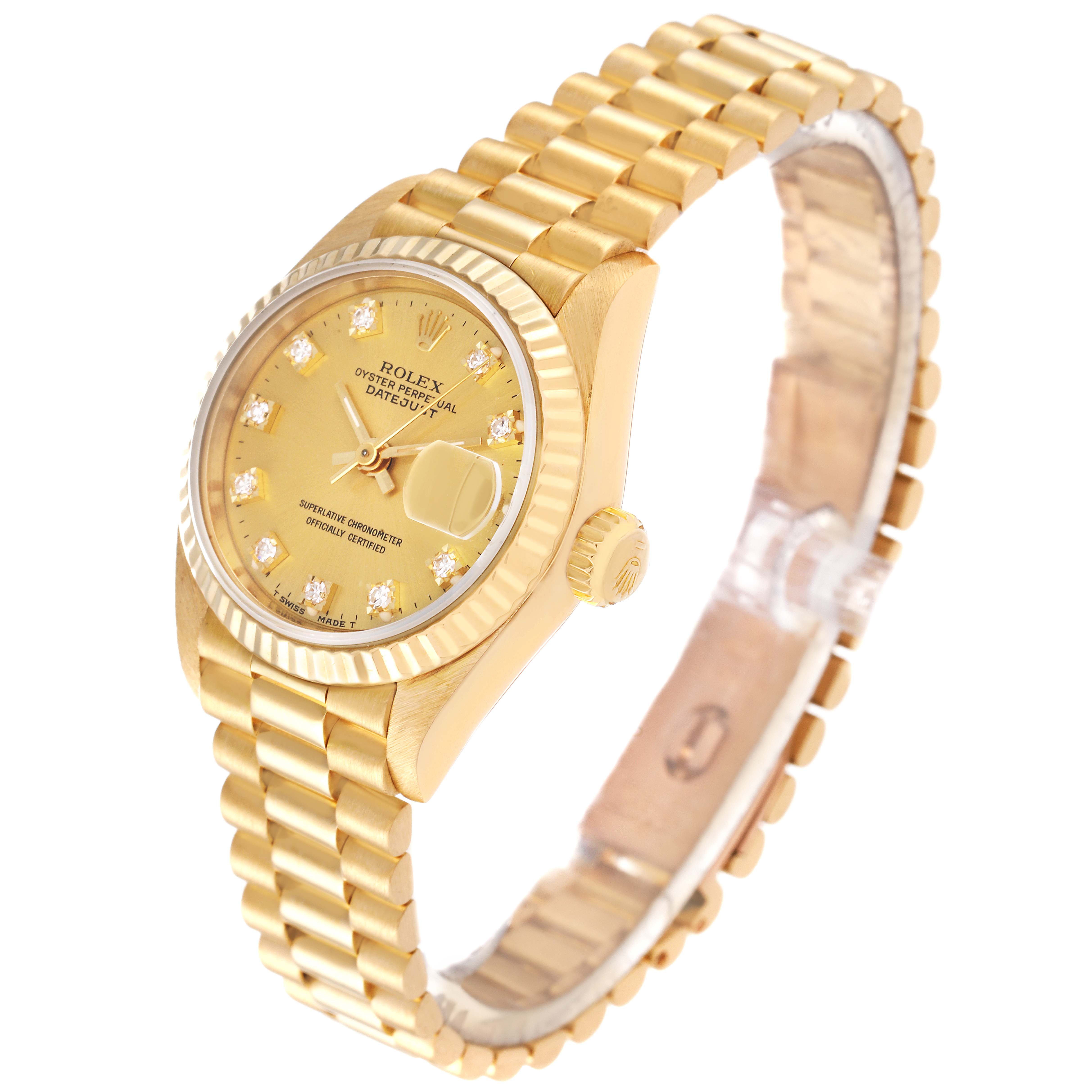 This image shows a Rolex President 69178 Women
s Yellow Gold Champagne Dial 69178 Women
s Yellow Gold Champagne Dial model watch at a three-quarter angle, highlighting the dial, bezel, crown, and bracelet.