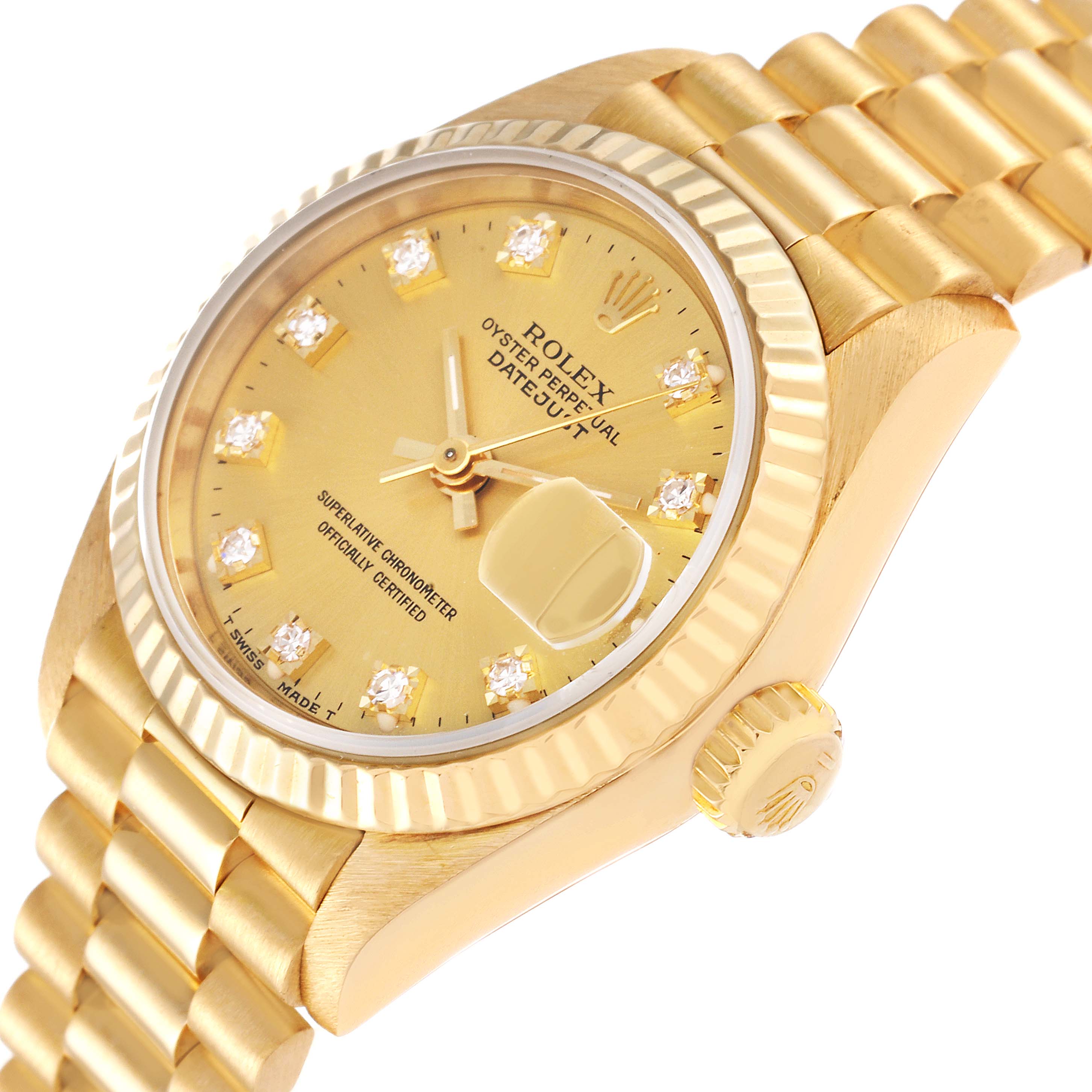 The image shows a Rolex President 69178 Women
s Yellow Gold Champagne Dial 69178 Women
s Yellow Gold Champagne Dial model watch at an angle highlighting the dial, fluted bezel, and part of the bracelet.