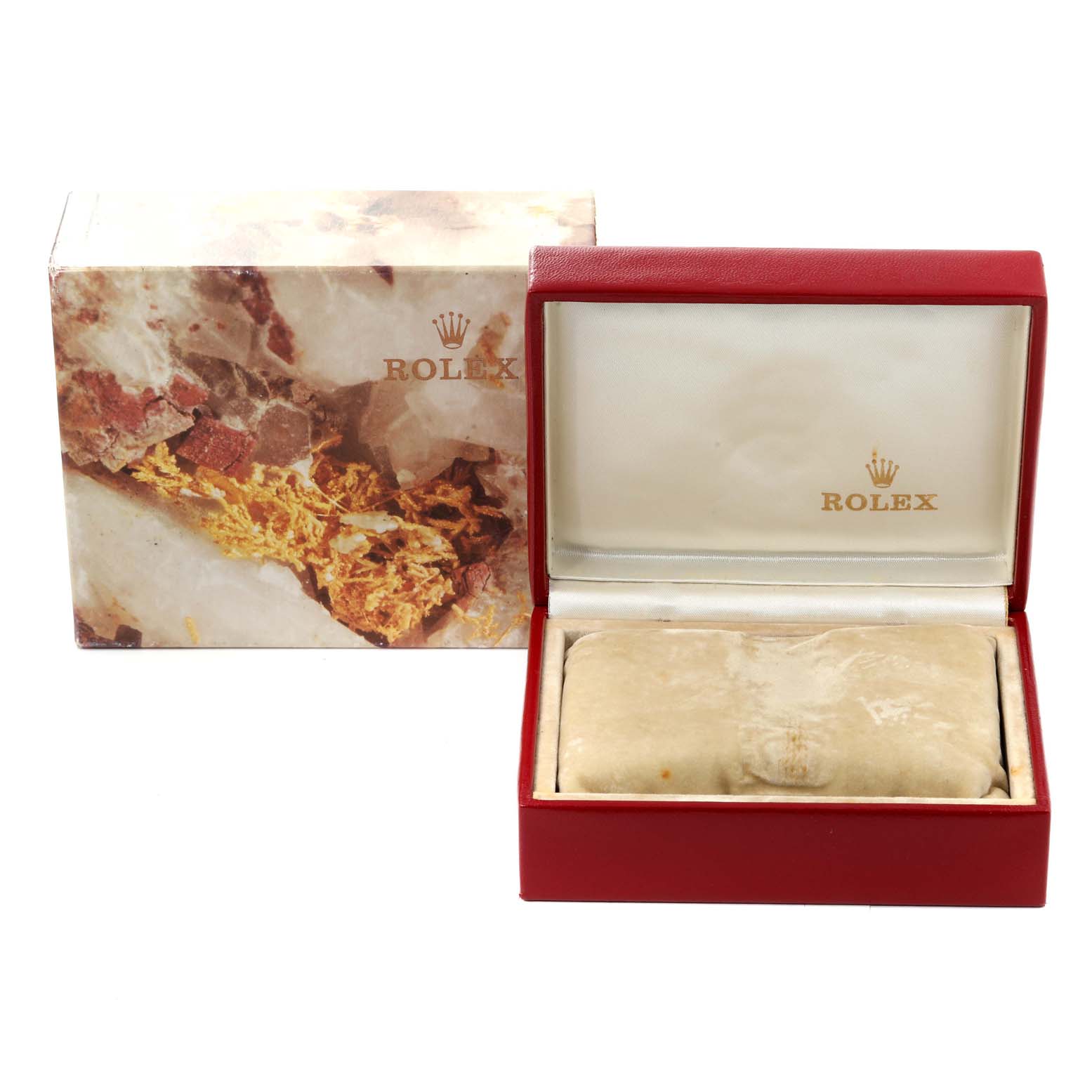 The image shows an open Rolex-branded box for the President model watch, along with its outer packaging.