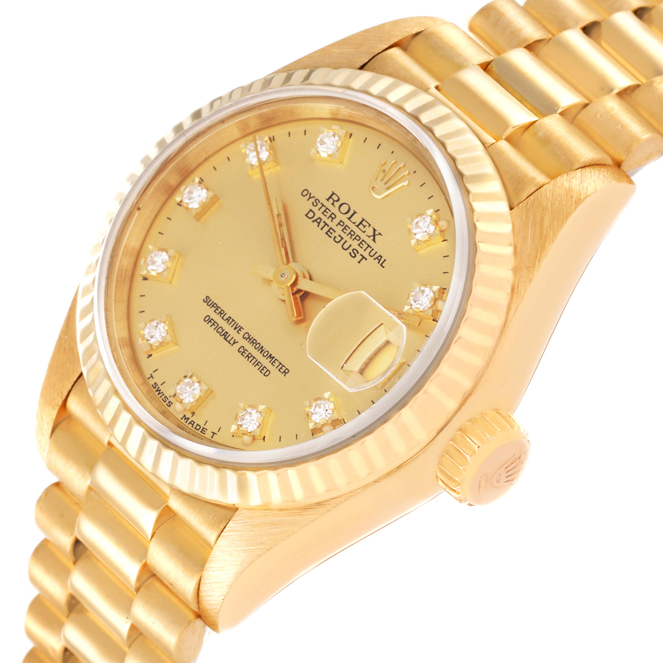 This image shows a close-up, angled view of the dial, bezel, crown, and bracelet of the Rolex President 69178 Women
s Yellow Gold Champagne Dial 69178 Women
s Yellow Gold Champagne Dial model watch.