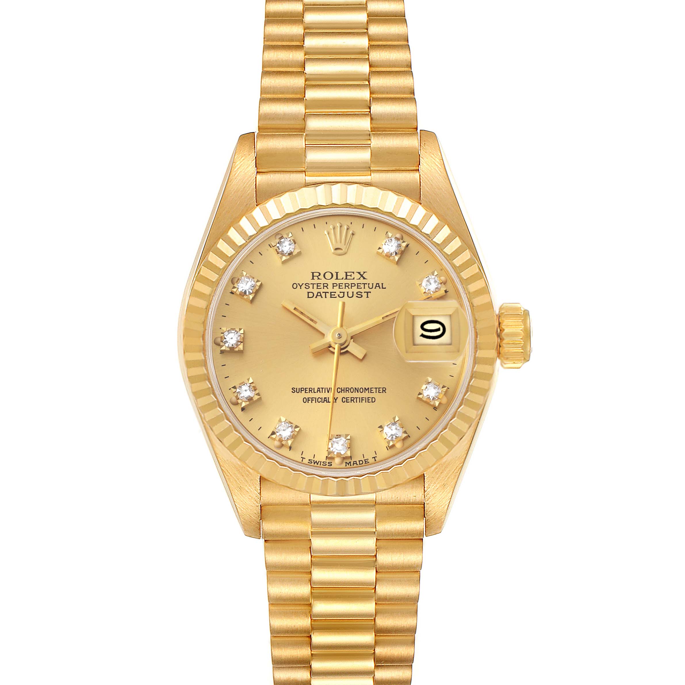 The image shows a Rolex President 69178 Women
s Yellow Gold Champagne Dial 69178 Women
s Yellow Gold Champagne Dial model watch, featuring the dial, bezel, crown, and a portion of the bracelet in a gold color.