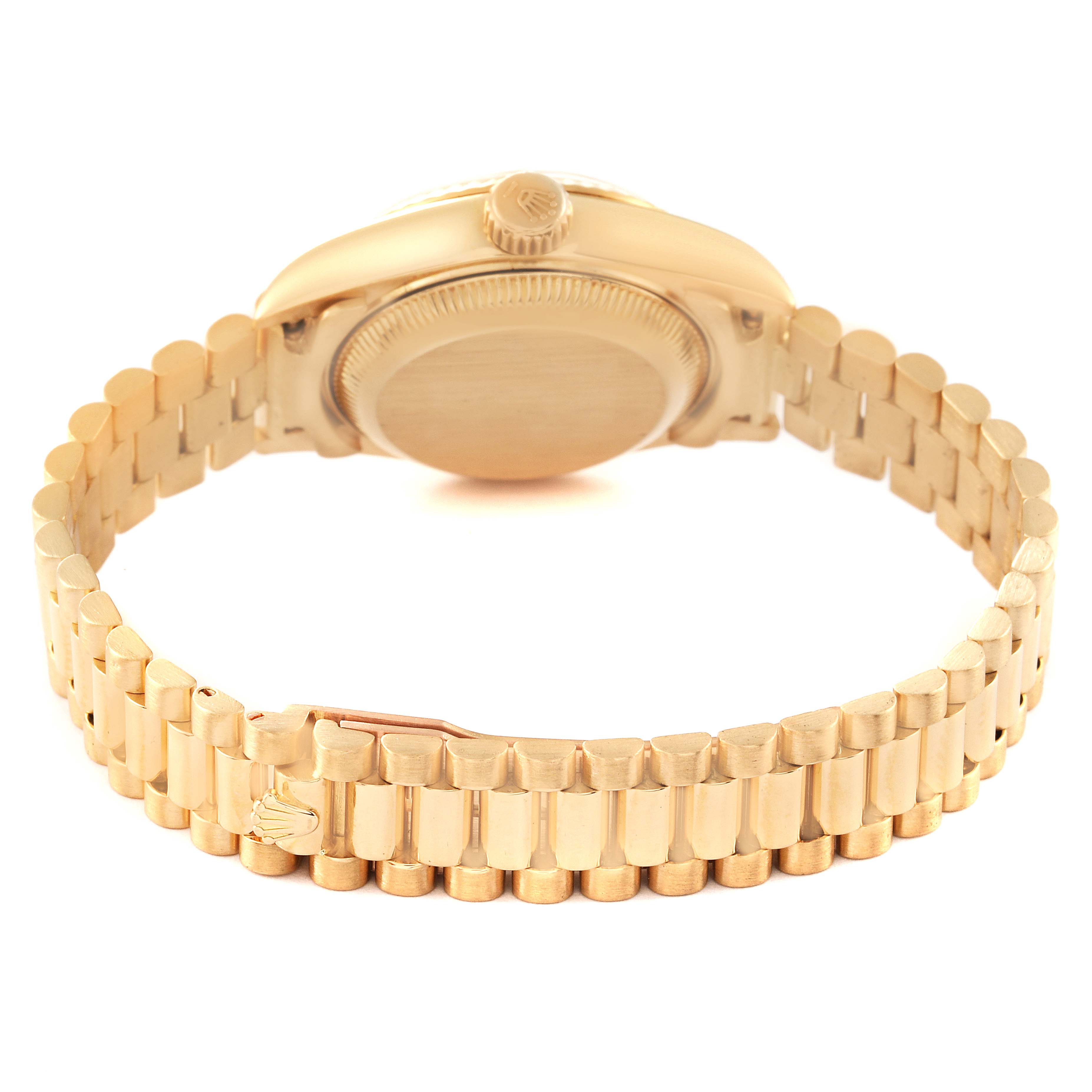 The image shows the back and side of the Rolex President 69178 Women
s Yellow Gold Champagne Dial 69178 Women
s Yellow Gold Champagne Dial model watch, focusing on the case back and the gold bracelet.