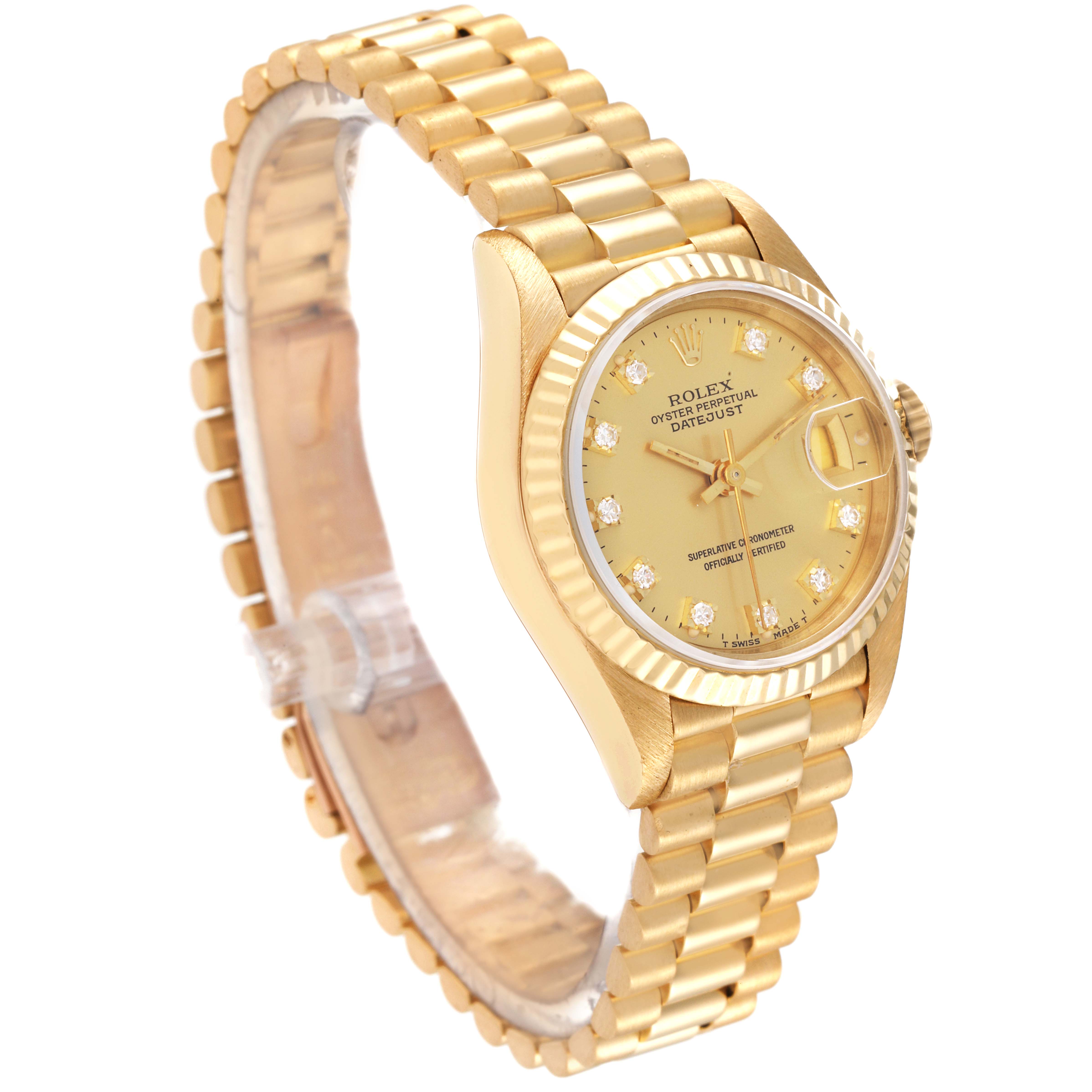 The image shows a Rolex President 69178 Women
s Yellow Gold Champagne Dial 69178 Women
s Yellow Gold Champagne Dial model watch at a three-quarter angle, capturing its gold bracelet, dial, and bezel.