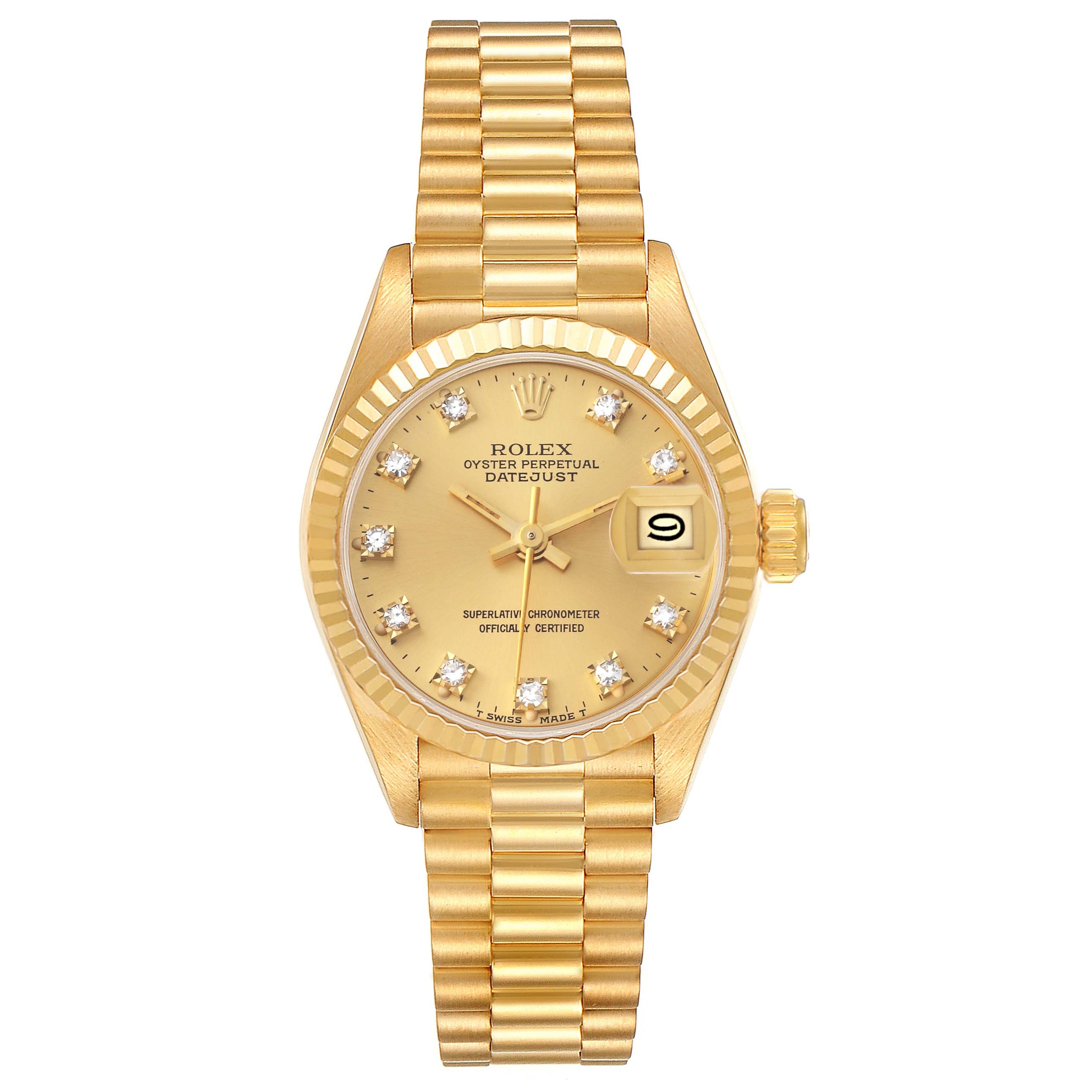 The image shows a Rolex President 69178 Women
s Yellow Gold Champagne Dial 69178 Women
s Yellow Gold Champagne Dial model Datejust watch from the front, featuring a gold dial, fluted bezel, and a President bracelet.