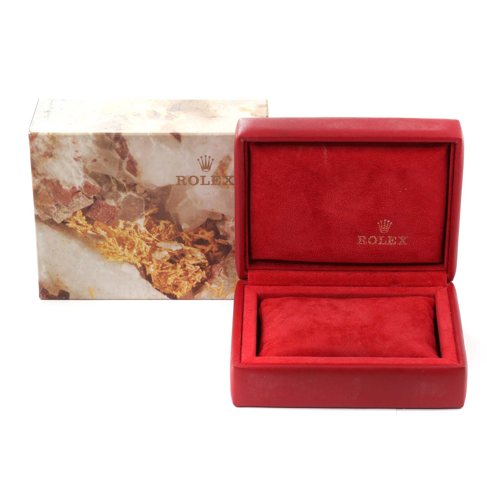 The image shows the box and case for a Rolex President 69178 Women
s Yellow Gold Champagne Dial 69178 Women
s Yellow Gold Champagne Dial model watch, with the case open, revealing the plush cushion inside.