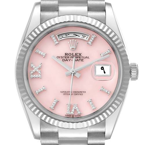 Photo of Rolex President Day-Date White Gold Pink Opal Diamond Dial Mens Watch 128239 Box Card
