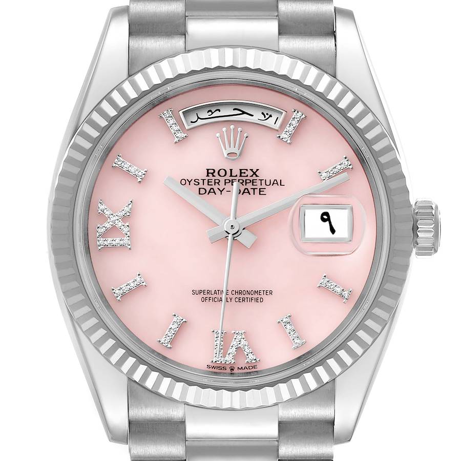 Rolex President Day-Date White Gold Pink Opal Diamond Dial Mens Watch 128239 Box Card SwissWatchExpo