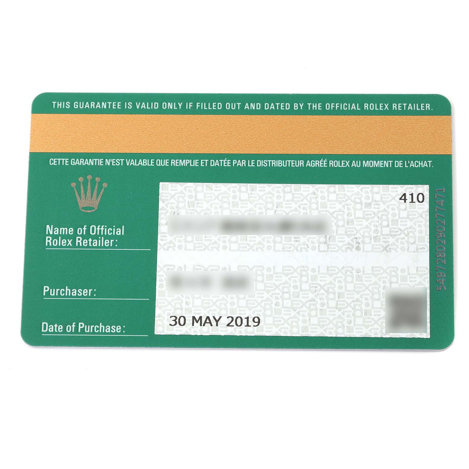 This image shows a warranty card for a Rolex President 128239 Men's White Gold Pink Dial 128239 Men's White Gold Pink Dial model watch dated 30 May 2019.