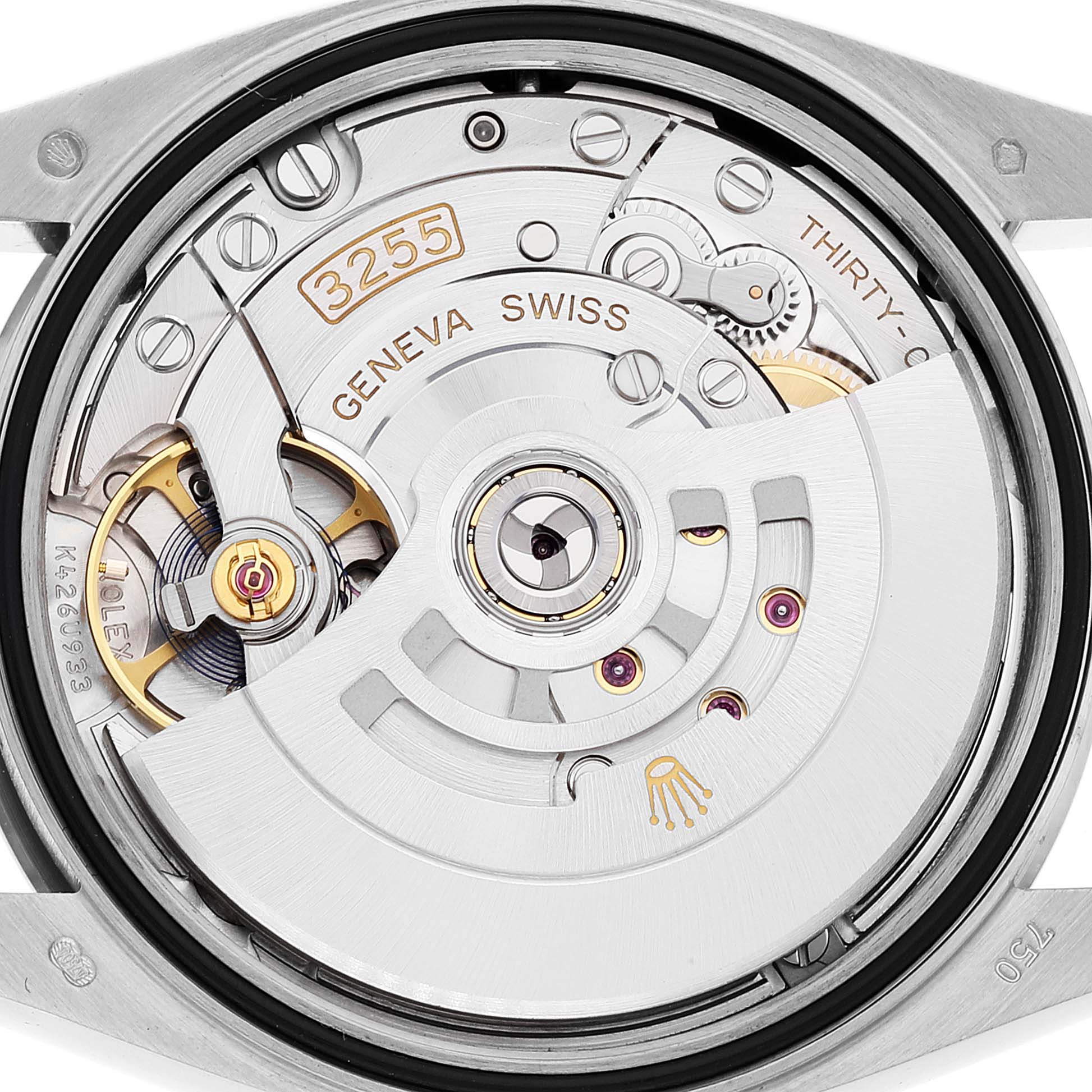 The image shows the movement mechanism of a Rolex President 128239 Men's White Gold Pink Dial 128239 Men's White Gold Pink Dial model watch from the back angle.