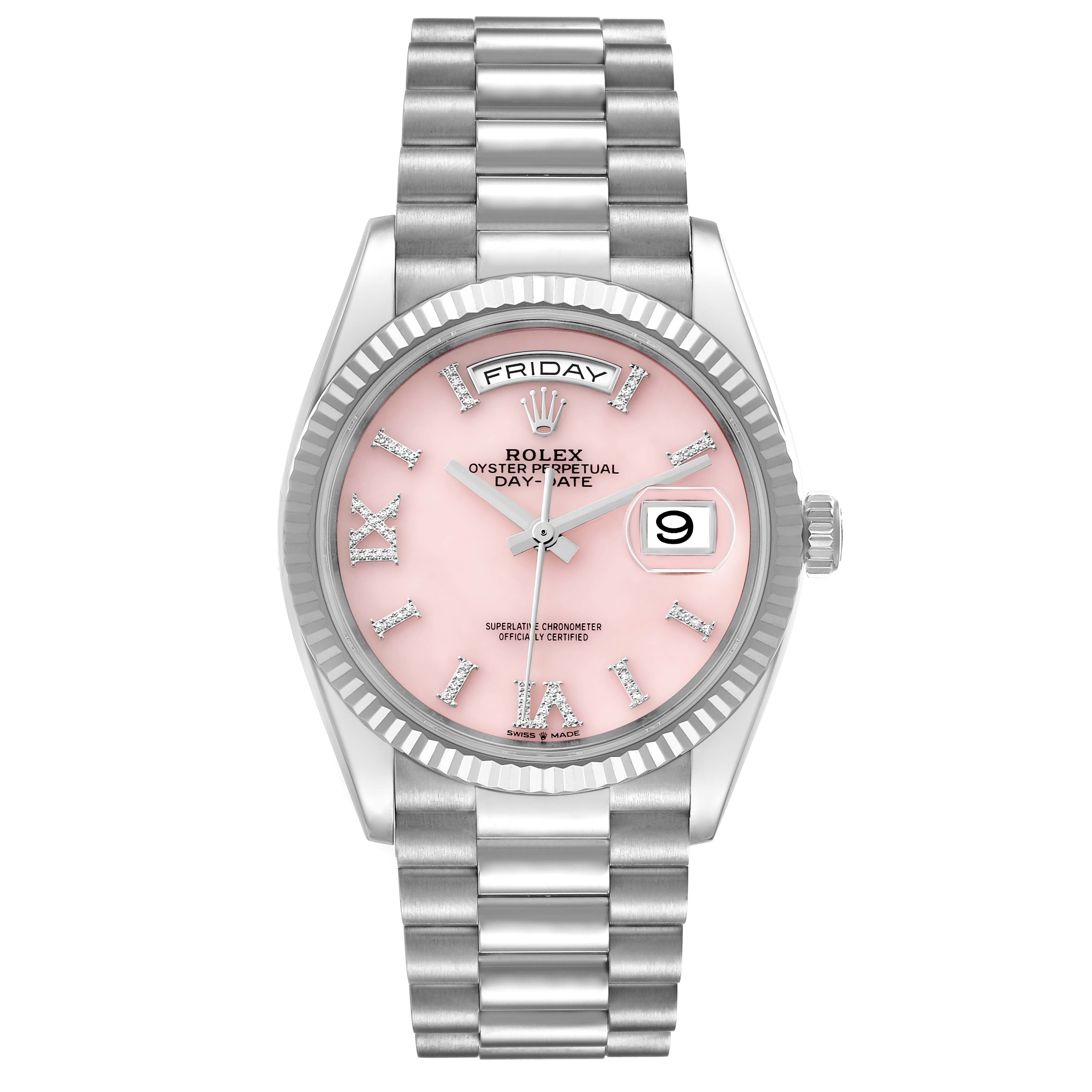 The Rolex President 128239 Men's White Gold Pink Dial 128239 Men's White Gold Pink Dial model is shown from the front, highlighting its pink dial, fluted bezel, and bracelet.