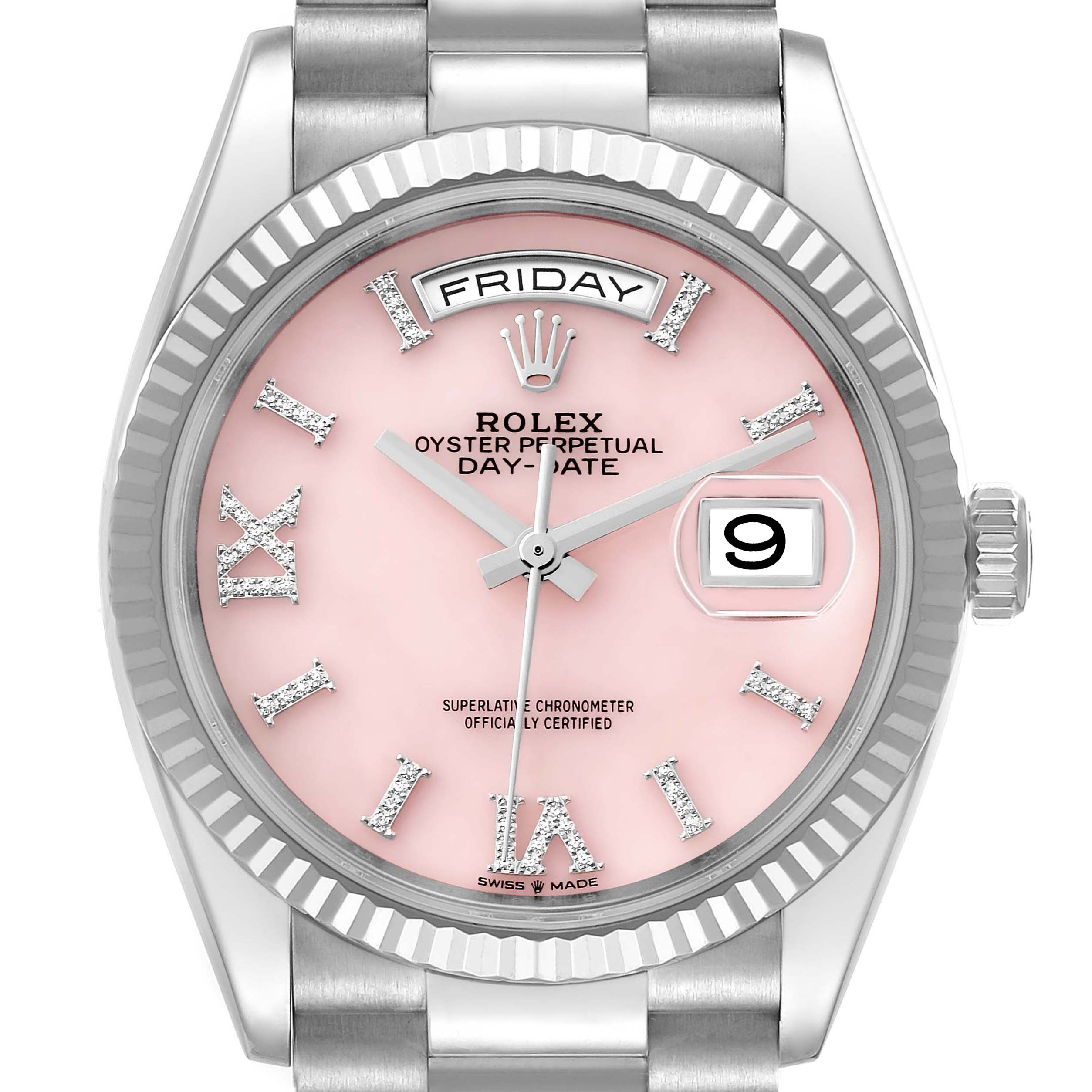 The image shows a frontal view of a Rolex President 128239 Men's White Gold Pink Dial 128239 Men's White Gold Pink Dial watch, highlighting the pink dial, day and date windows, and bracelet.