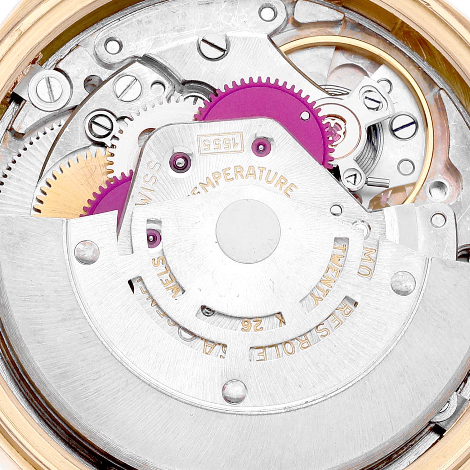 Close-up of the internal mechanism and movement parts of the Rolex Vintage Collection 1807 Men's Yellow Gold Champagne Dial 1807 Men's Yellow Gold Champagne Dial watch.