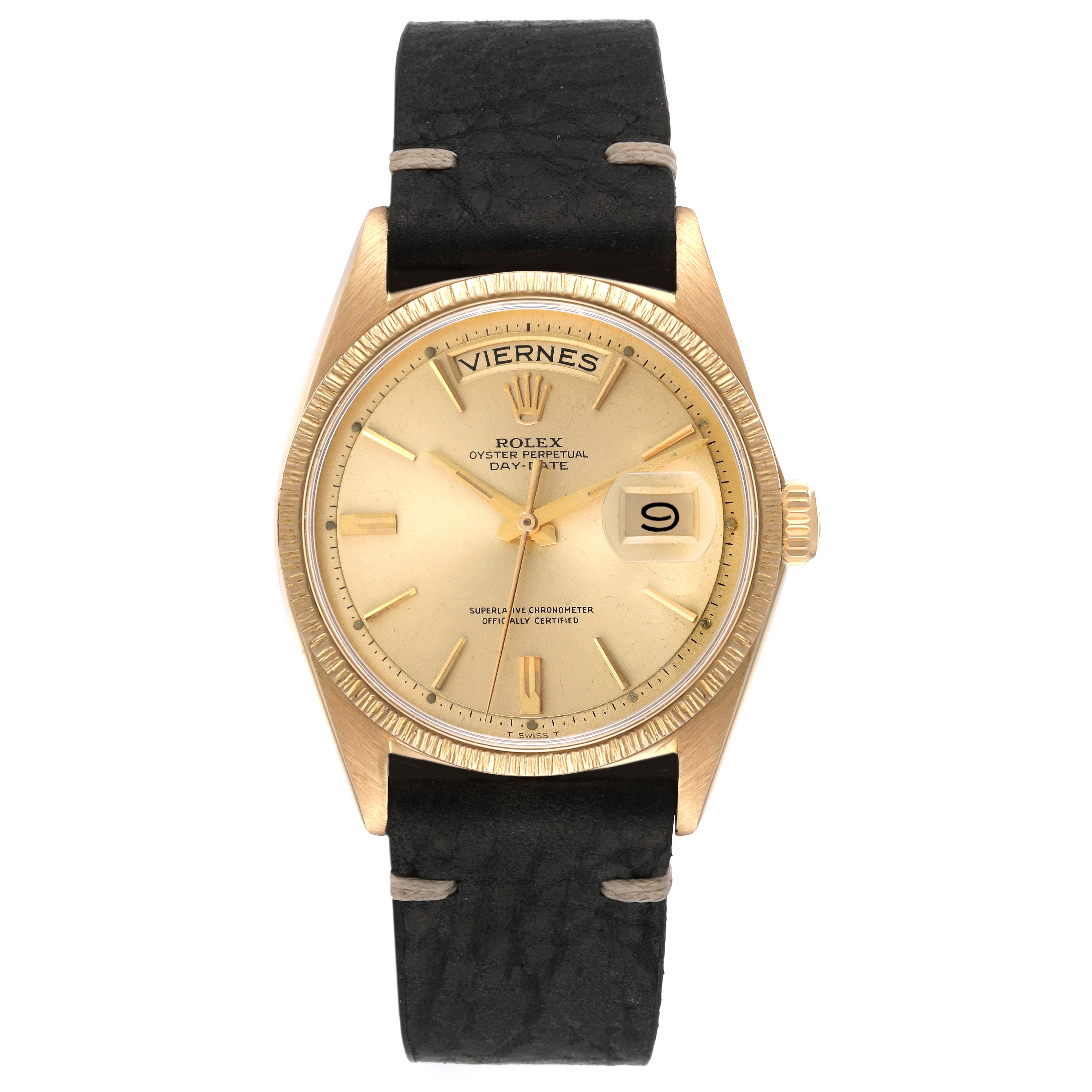 The Rolex Vintage Collection 1807 Men's Yellow Gold Champagne Dial 1807 Men's Yellow Gold Champagne Dial model watch is shown from a front angle, displaying its dial, case, and strap clearly.