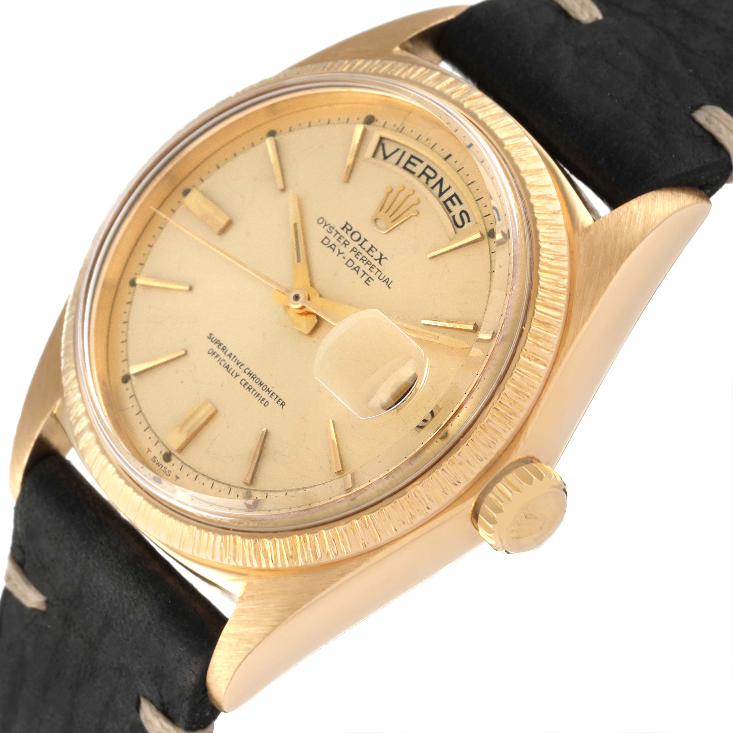 The image shows a Rolex Vintage Collection 1807 Men's Yellow Gold Champagne Dial 1807 Men's Yellow Gold Champagne Dial watch from a side angle, highlighting its gold case, crown, and part of the leather strap.