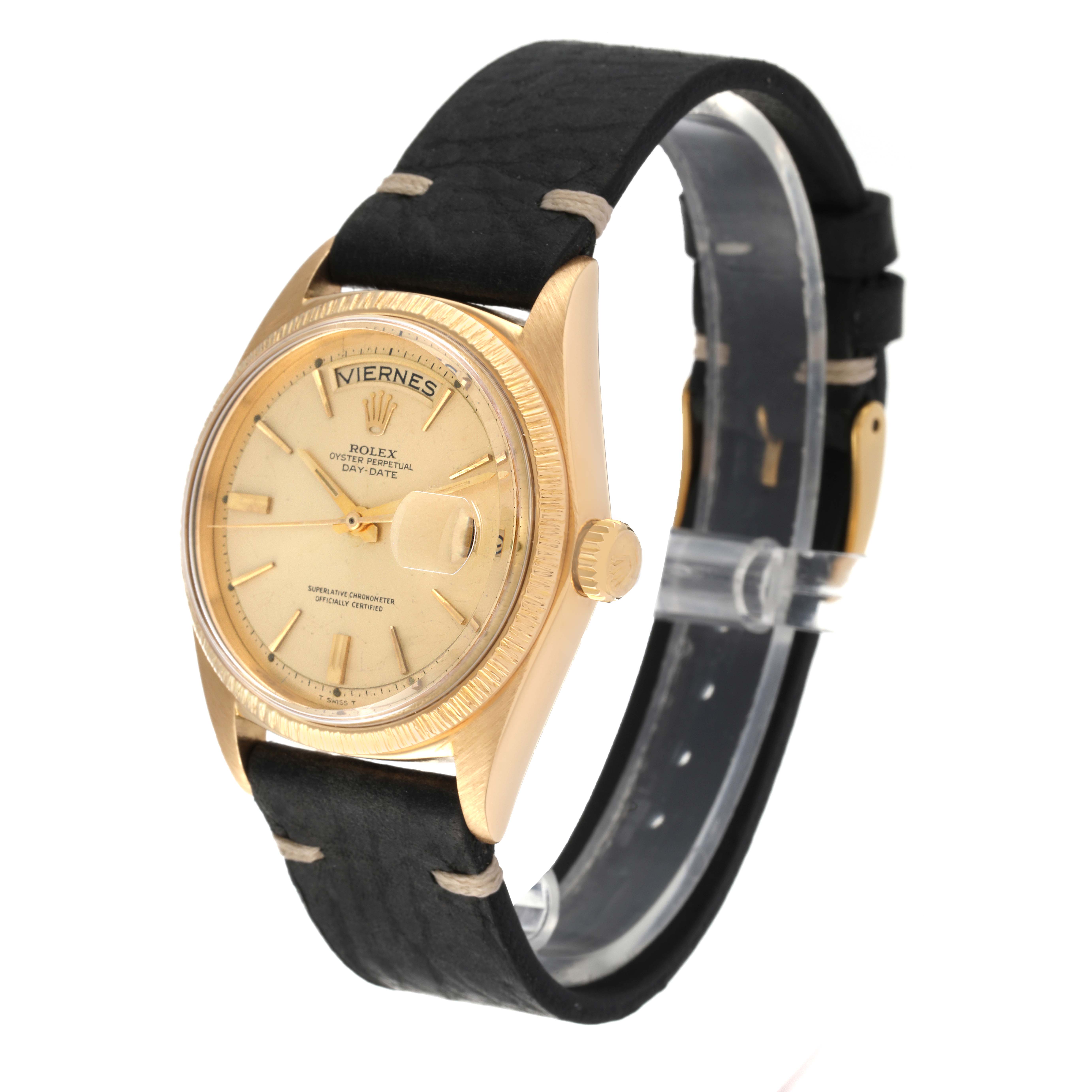 The image shows the front view of a Rolex Vintage Collection 1807 Men's Yellow Gold Champagne Dial 1807 Men's Yellow Gold Champagne Dial watch with a black leather strap and a gold case.
