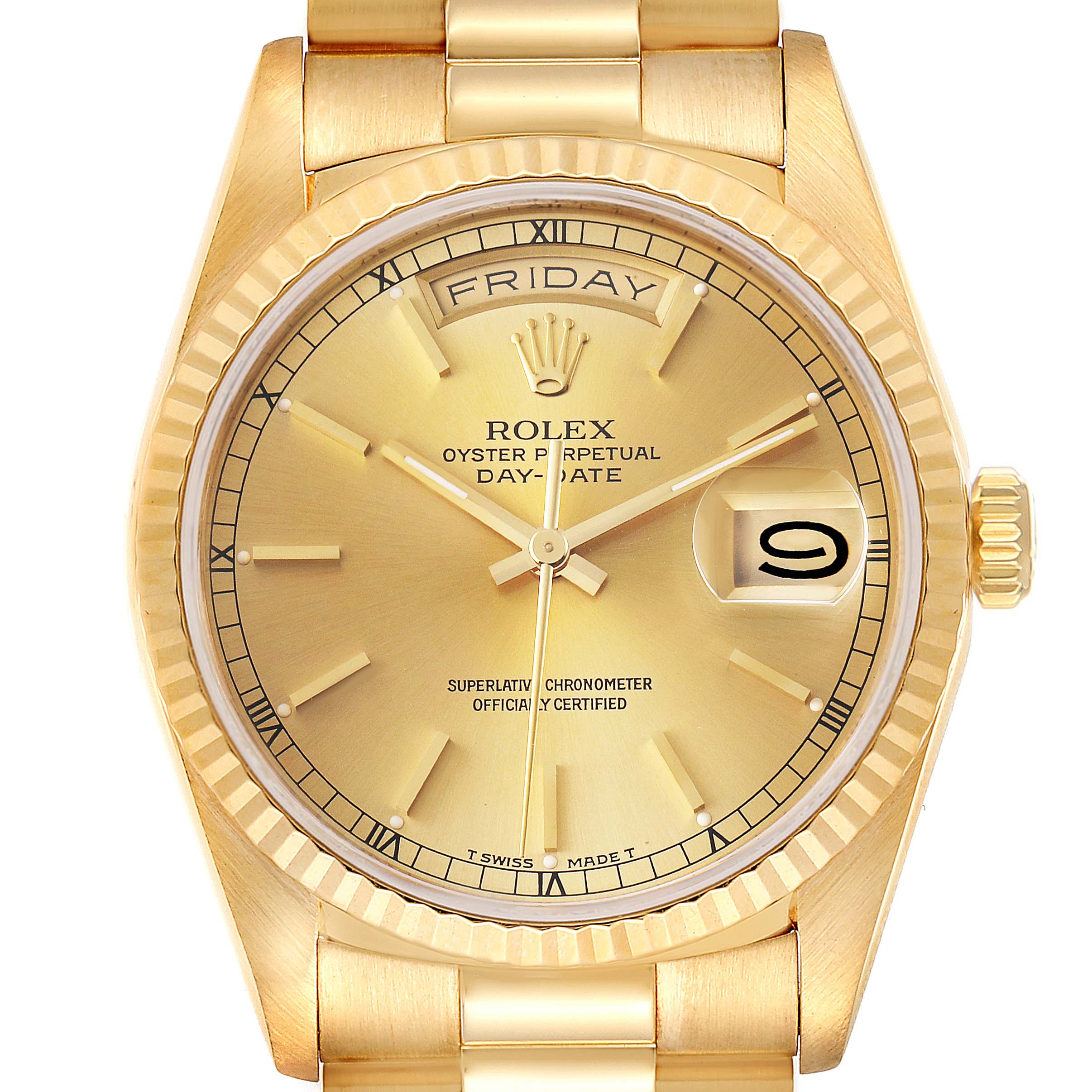 The image shows a front view of a Rolex President 18238 Men's Yellow Gold Champagne Dial 18238 Men's Yellow Gold Champagne Dial model watch, featuring its dial, hands, and day-date display.