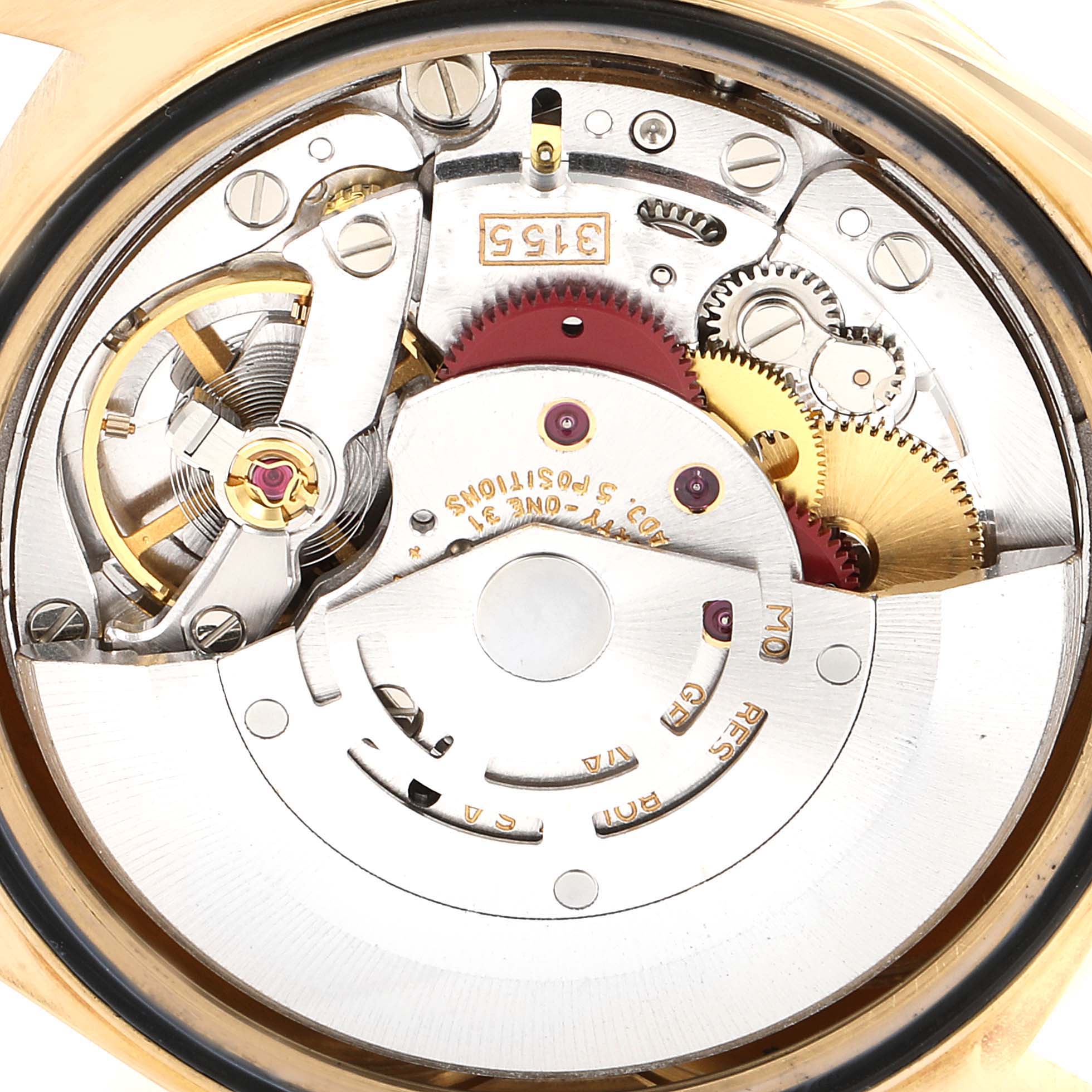 The image shows the internal mechanical movement of a Rolex President 18238 Men's Yellow Gold Champagne Dial 18238 Men's Yellow Gold Champagne Dial model watch, viewed from the back.