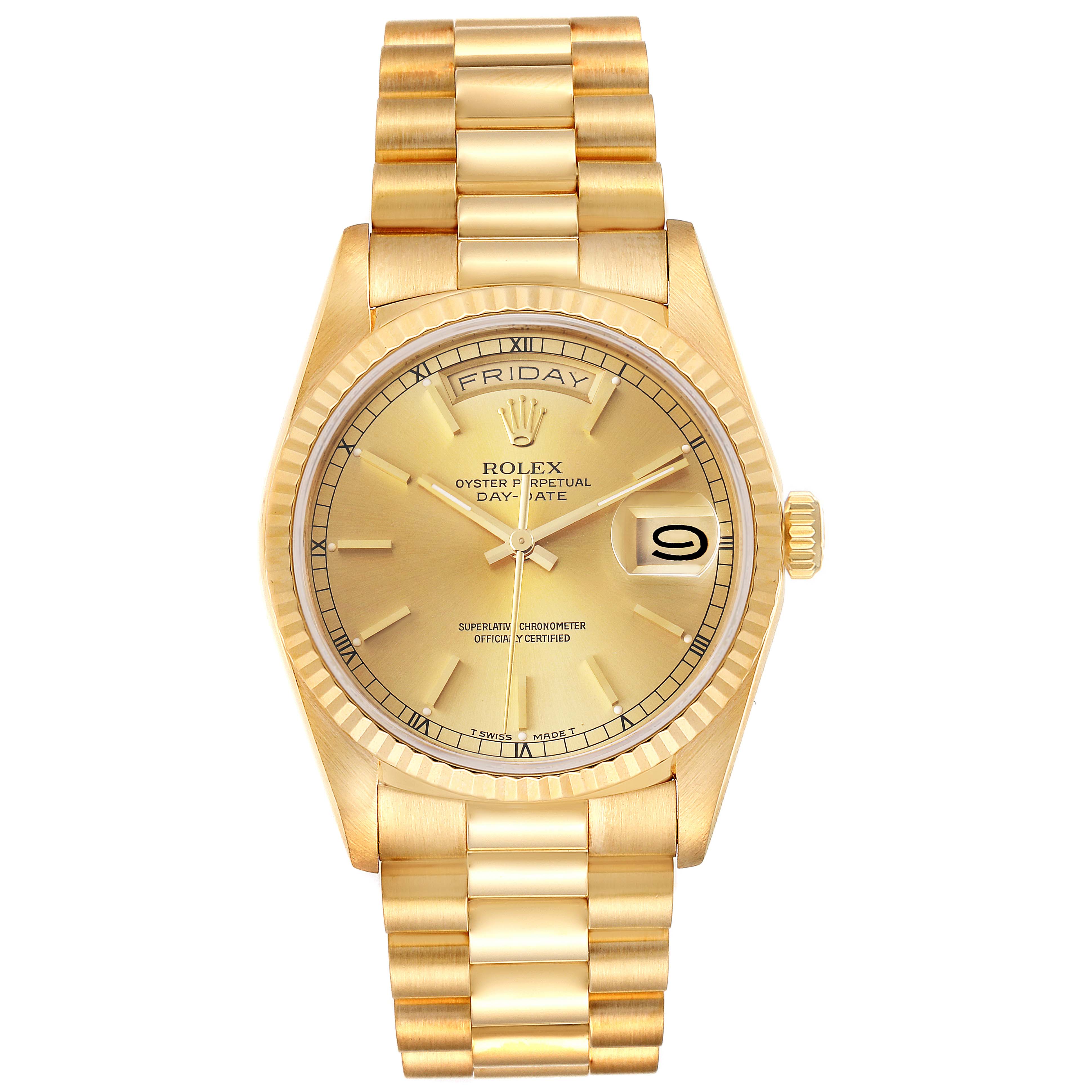 The image shows a Rolex President 18238 Men's Yellow Gold Champagne Dial 18238 Men's Yellow Gold Champagne Dial model watch from a front angle, displaying the dial, bezel, day-date window, and bracelet.