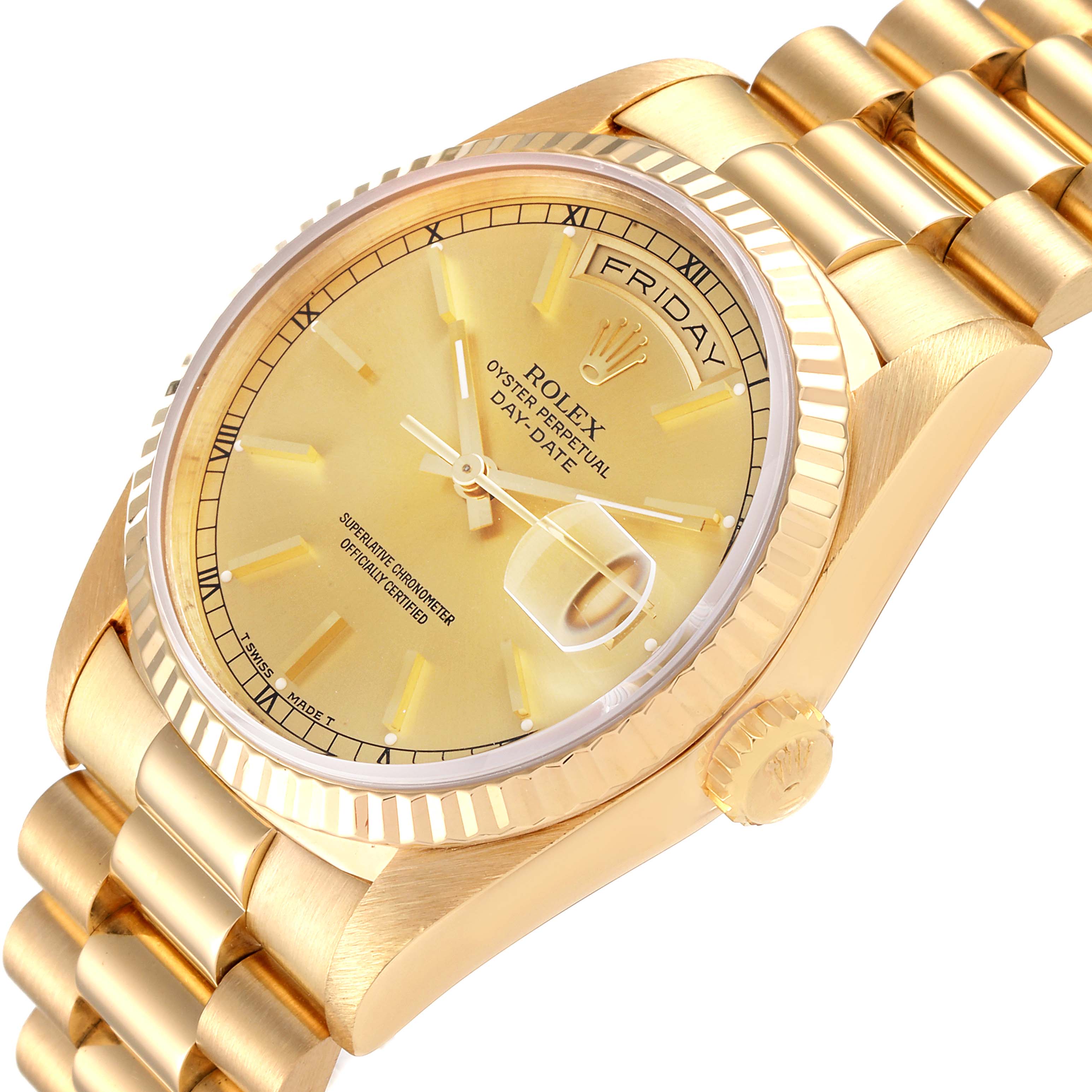This image shows a Rolex President 18238 Men's Yellow Gold Champagne Dial 18238 Men's Yellow Gold Champagne Dial model watch at an angled view, highlighting its gold case, bracelet, dial, and crown.