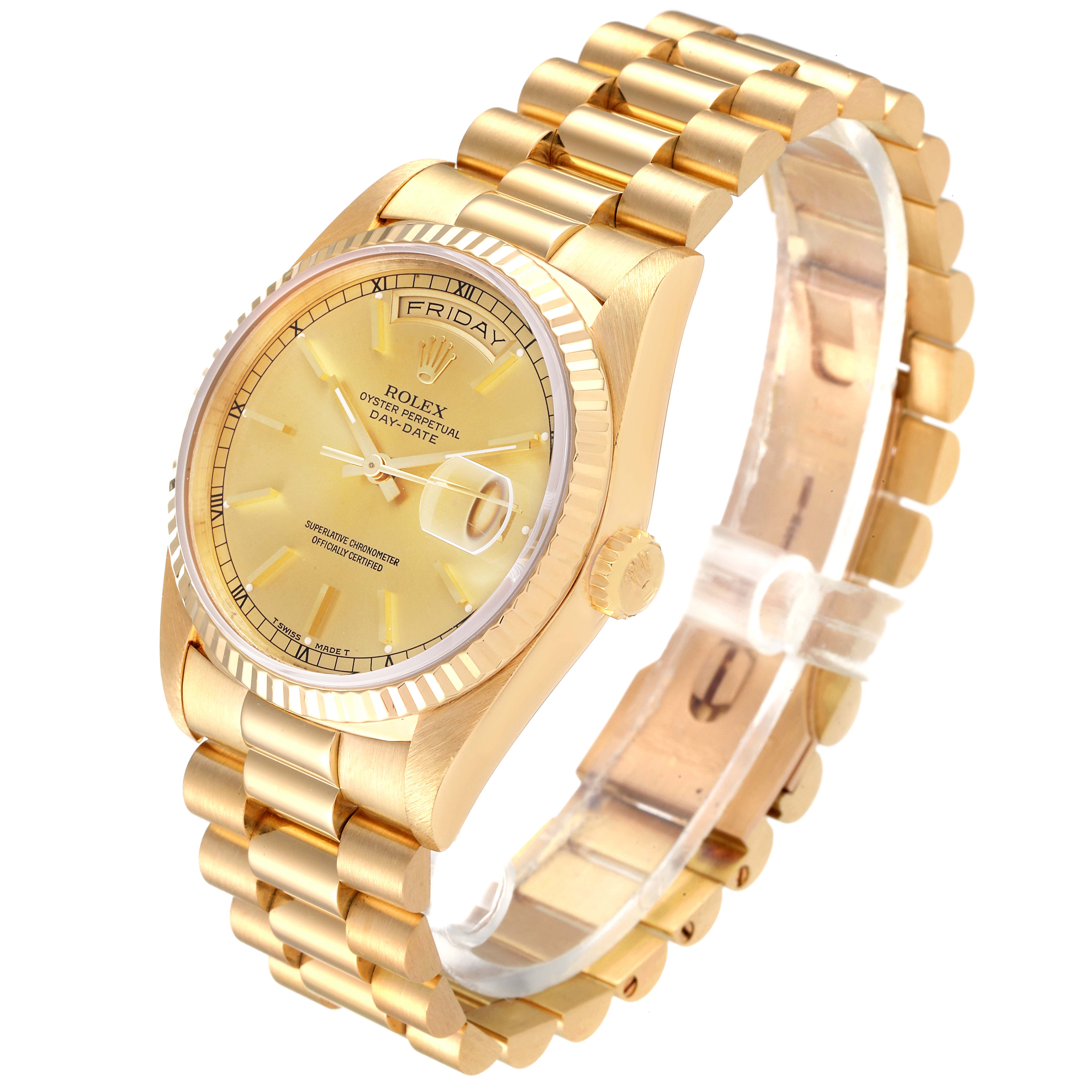 The image shows a side angled view of the Rolex President 18238 Men's Yellow Gold Champagne Dial 18238 Men's Yellow Gold Champagne Dial model watch, including the face, bracelet, and crown.