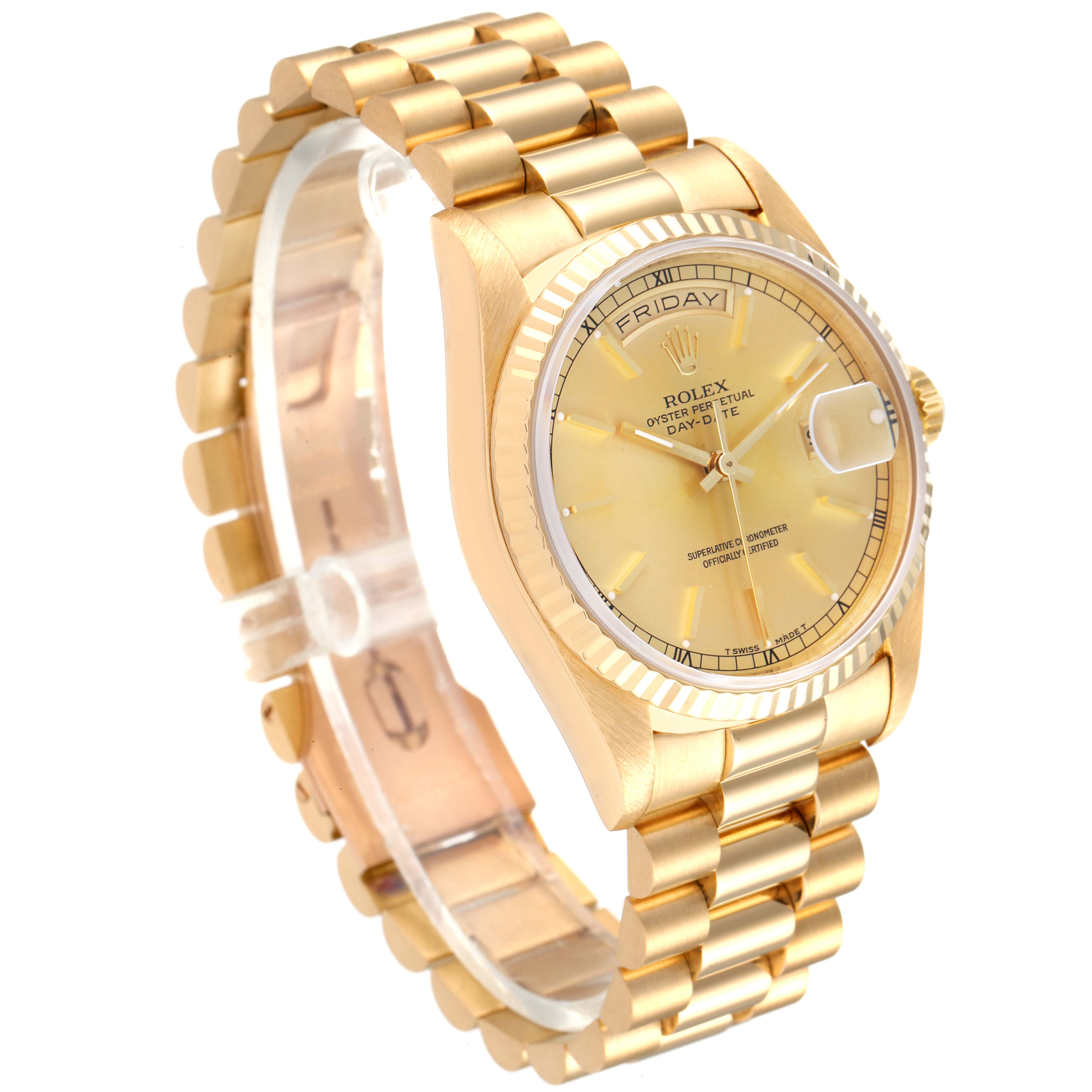 The Rolex President 18238 Men's Yellow Gold Champagne Dial 18238 Men's Yellow Gold Champagne Dial model watch is shown at a three-quarter angle, featuring the bracelet, dial, and fluted bezel.