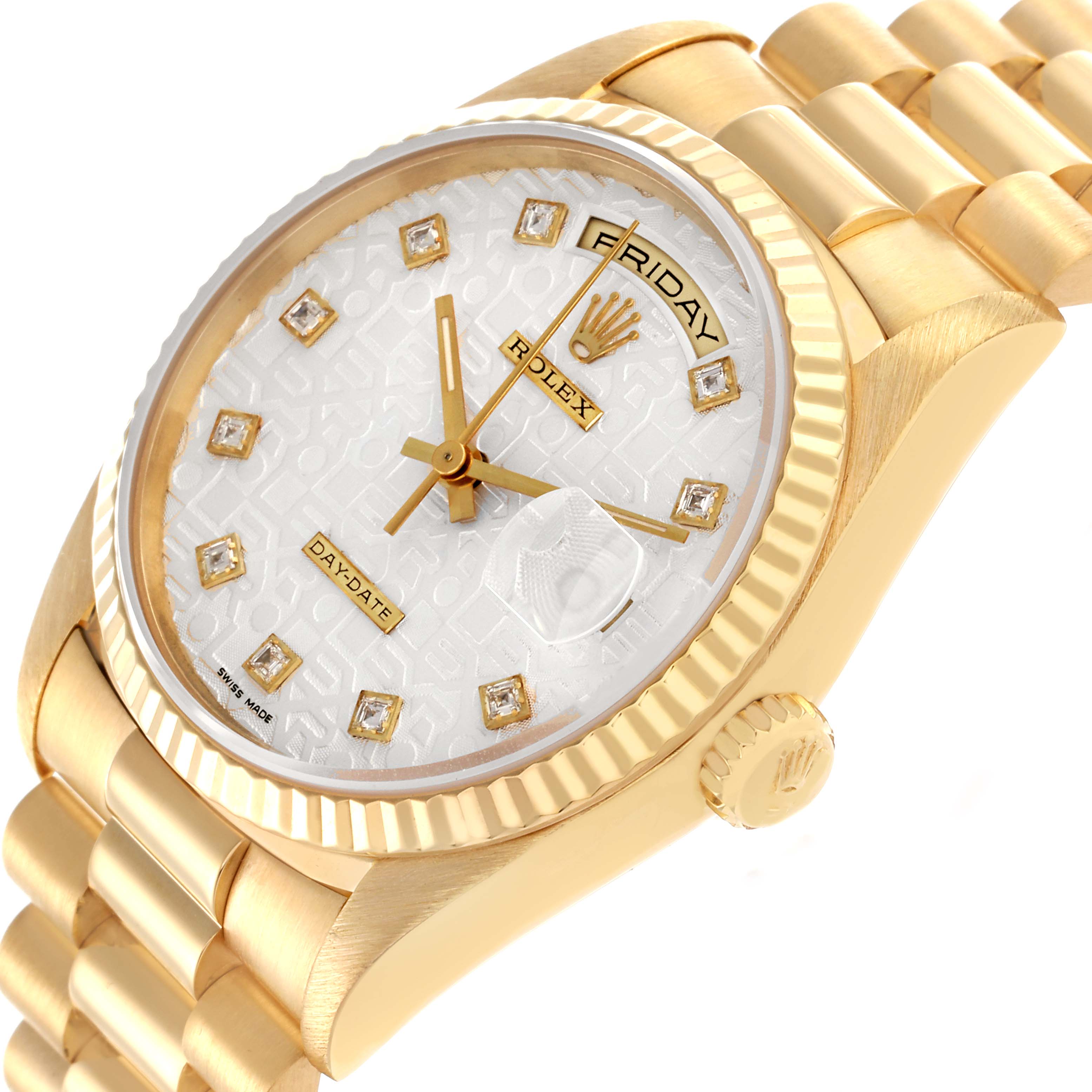 The Rolex President 18238 Men's Yellow Gold Silver Dial 18238 Men's Yellow Gold Silver Dial watch is shown at an angle highlighting its face, bezel, dial, crown, and part of the bracelet.