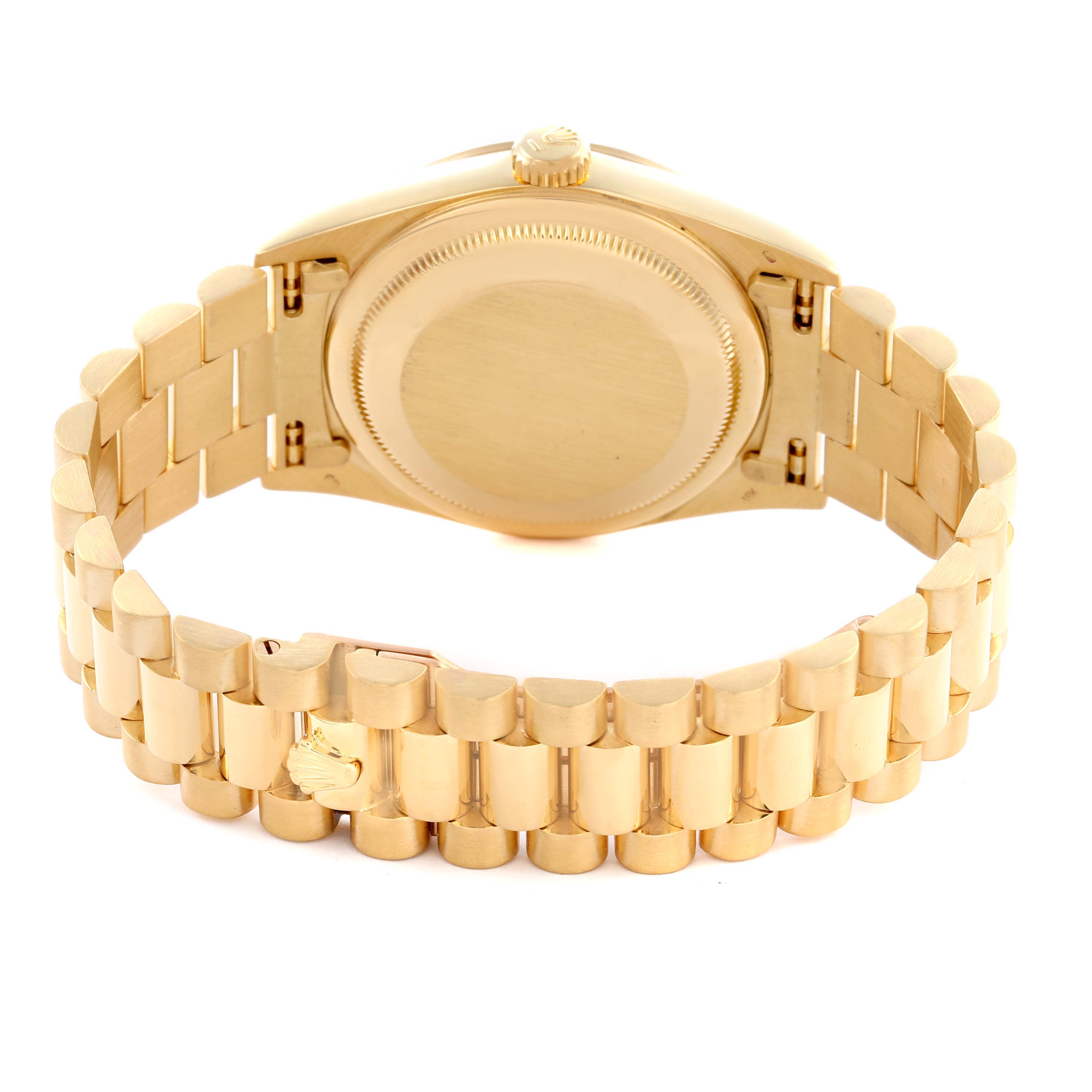 The image shows the back case and bracelet of a Rolex President 18238 Men's Yellow Gold Silver Dial 18238 Men's Yellow Gold Silver Dial watch, viewed from behind.