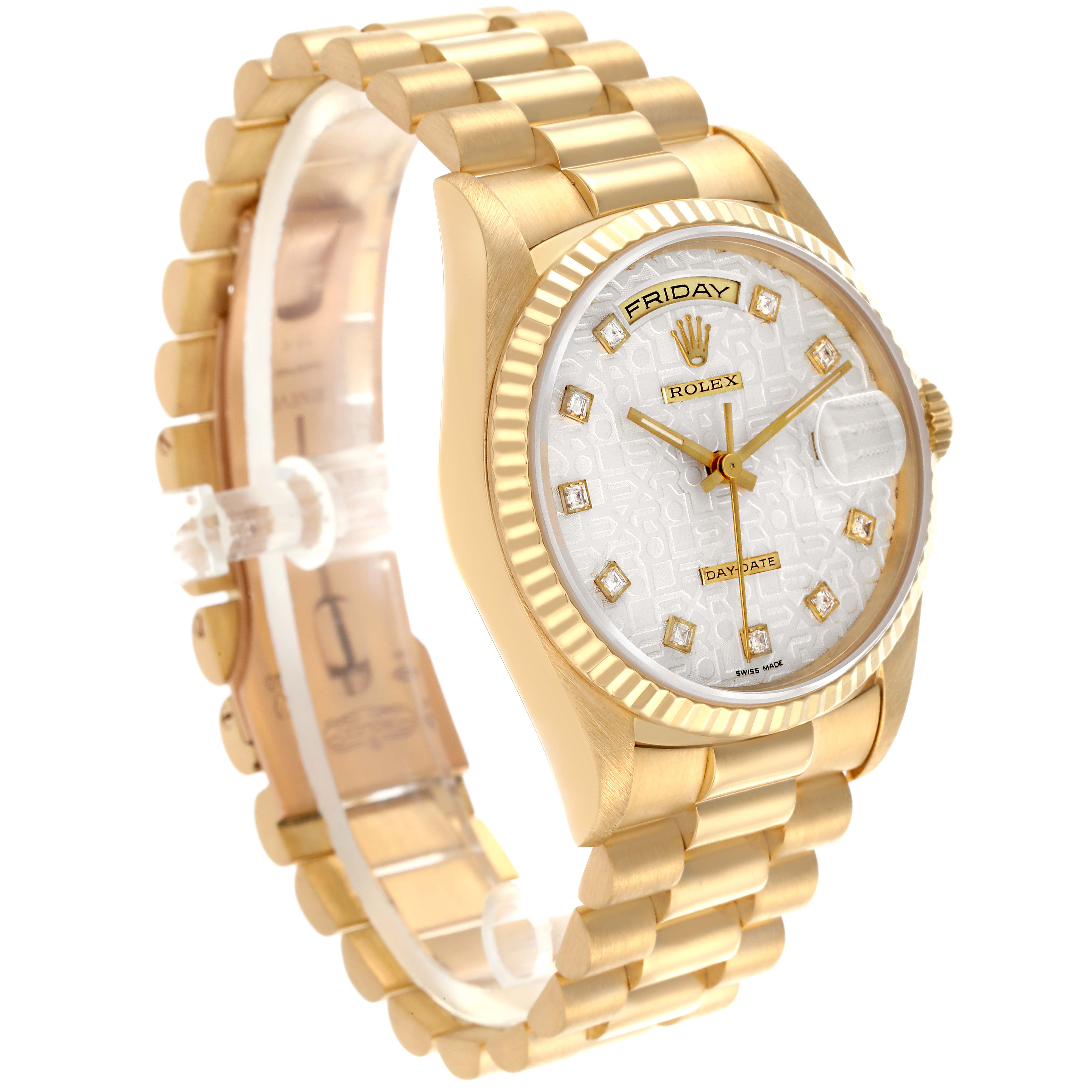 The Rolex President 18238 Men's Yellow Gold Silver Dial 18238 Men's Yellow Gold Silver Dial watch is shown at an oblique angle, displaying its face, bracelet, and bezel.