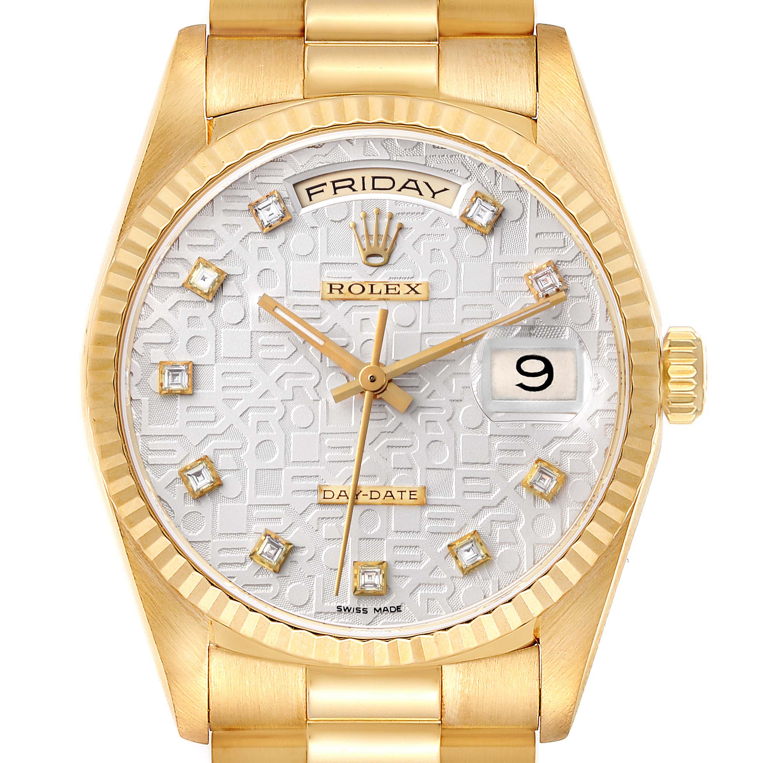 The image shows the Rolex President 18238 Men's Yellow Gold Silver Dial 18238 Men's Yellow Gold Silver Dial watch from a top-down angle, highlighting the dial, hands, and part of the bracelet.