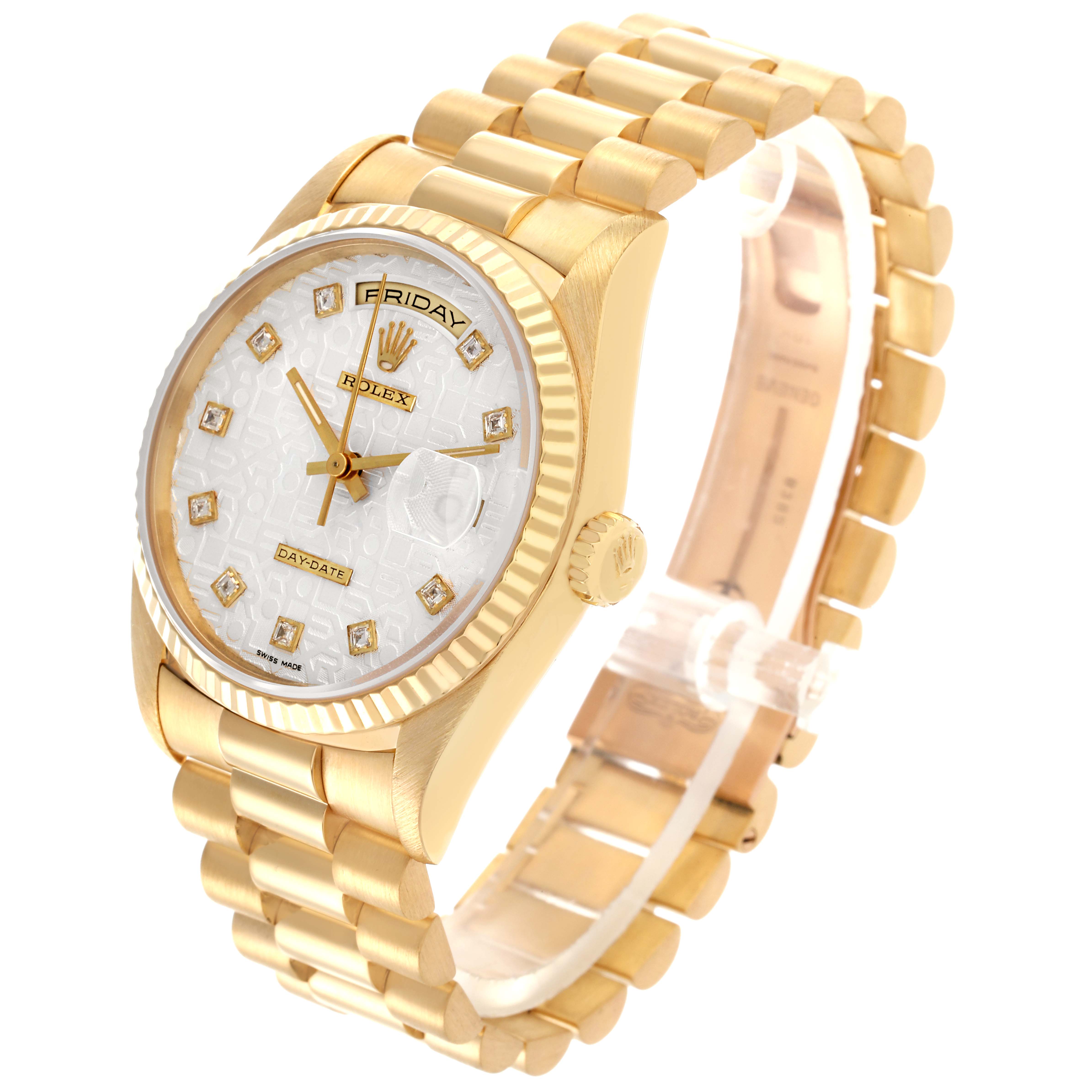 The Rolex President 18238 Men's Yellow Gold Silver Dial 18238 Men's Yellow Gold Silver Dial model watch is shown at a slight angle displaying the face, bezel, crown, and partial bracelet.