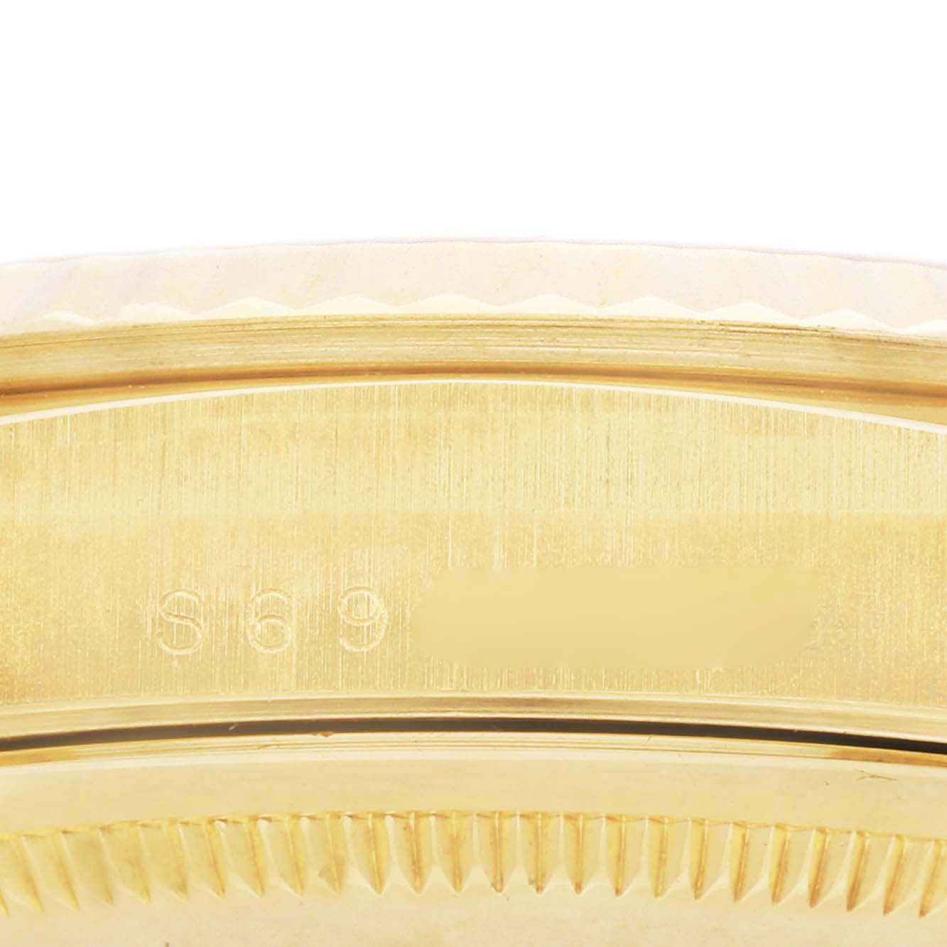 The image shows a close-up side view of the engraved case edge and bezel of the Rolex President 18238 Men's Yellow Gold Silver Dial 18238 Men's Yellow Gold Silver Dial model watch.