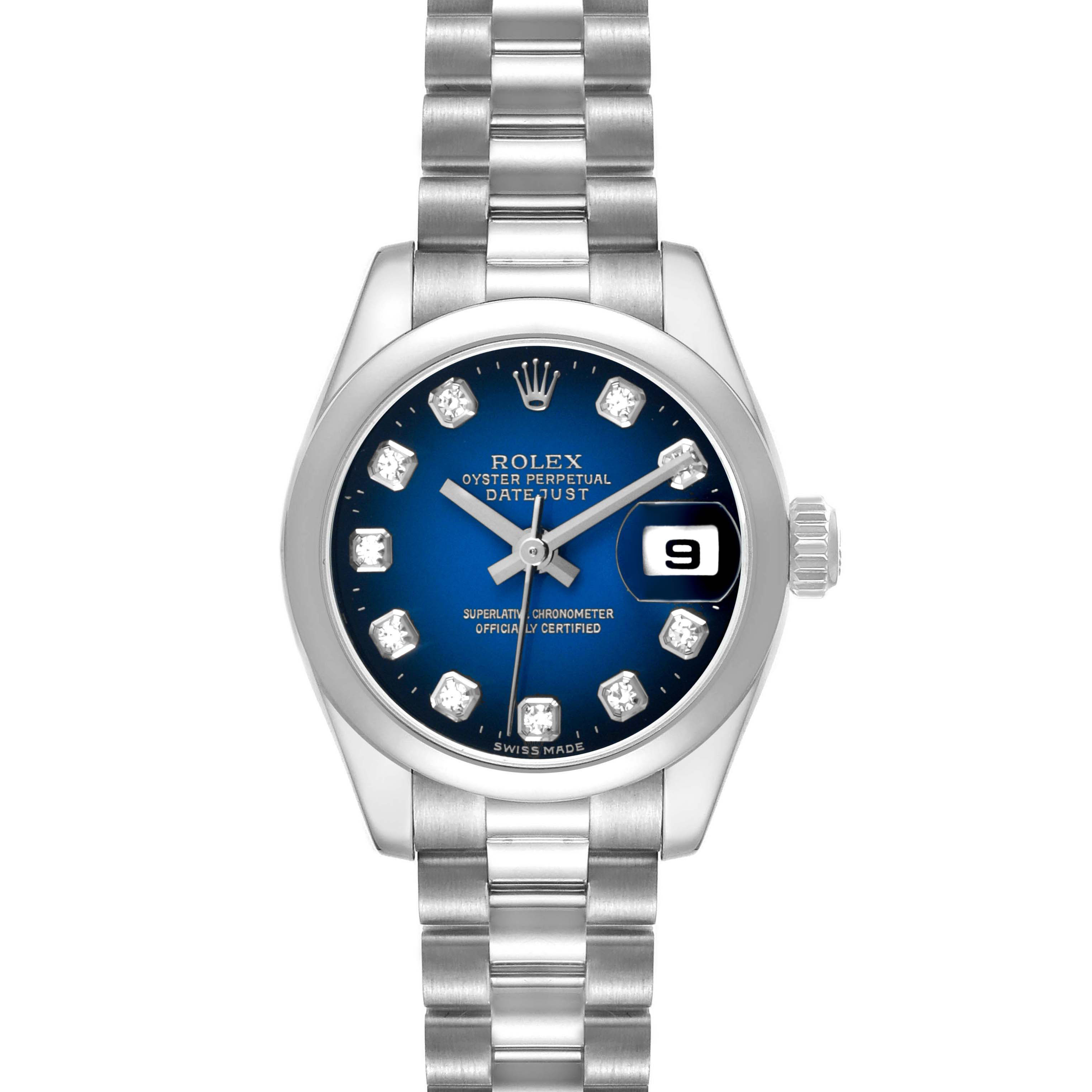 The Rolex President 179166 Women's Platinum Blue Dial model is shown from a top view, highlighting the blue dial, diamond hour markers, and bracelet.