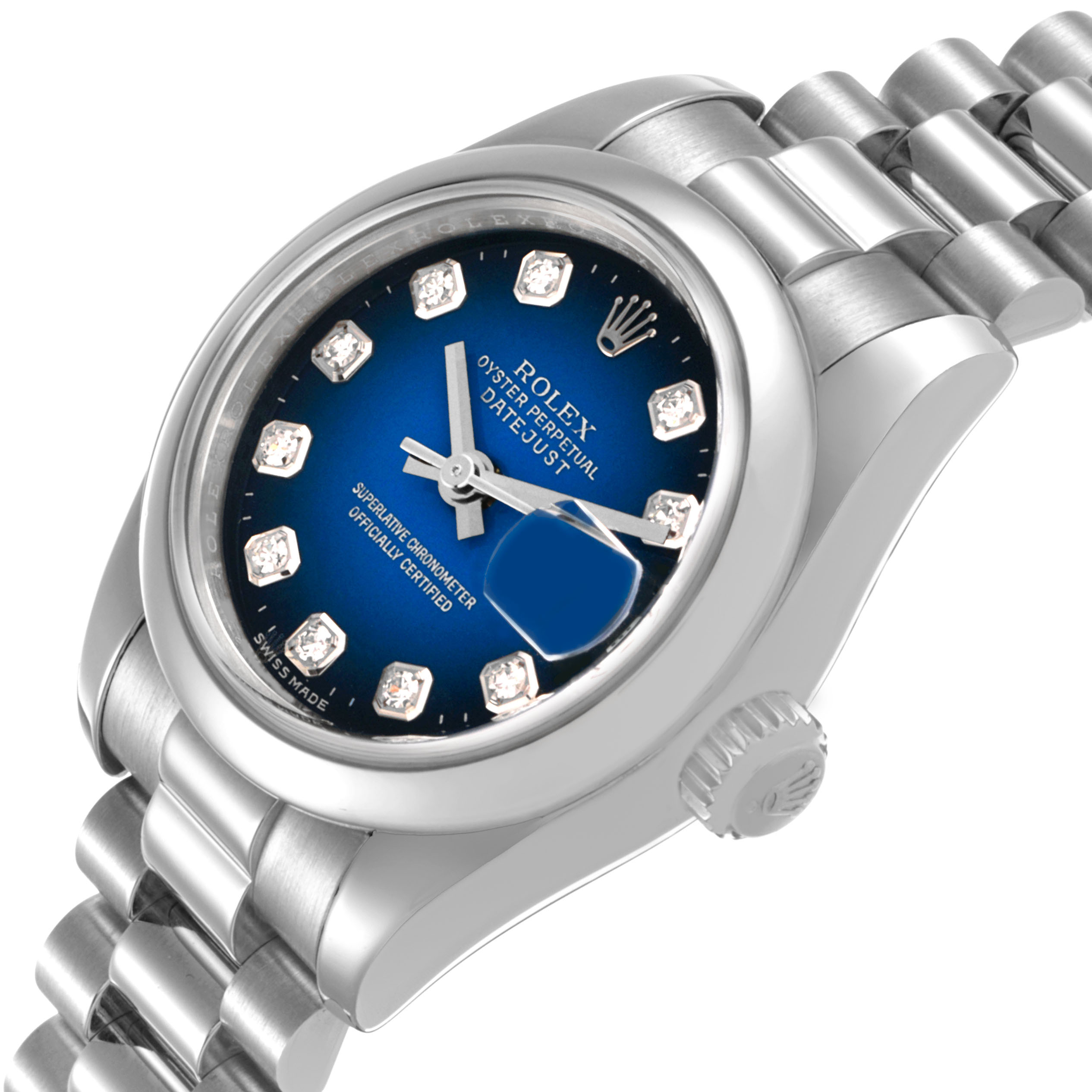 The Rolex President 179166 Women's Platinum Blue Dial model is shown at an angled view, displaying the watch face, bezel, crown, and part of the bracelet.
