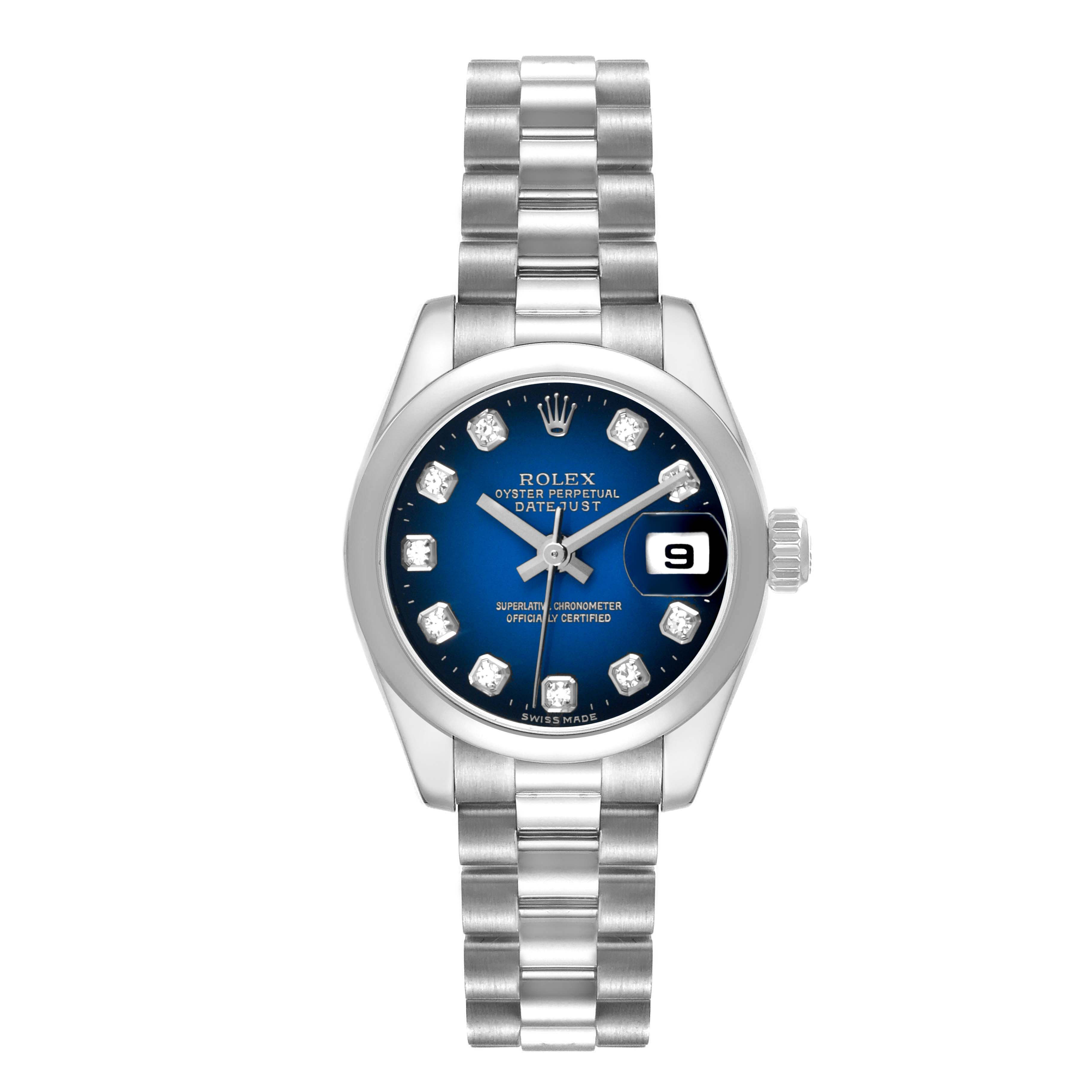 The Rolex President 179166 Women's Platinum Blue Dial model watch is shown from the front, highlighting the blue dial, date display, and stainless steel bracelet.