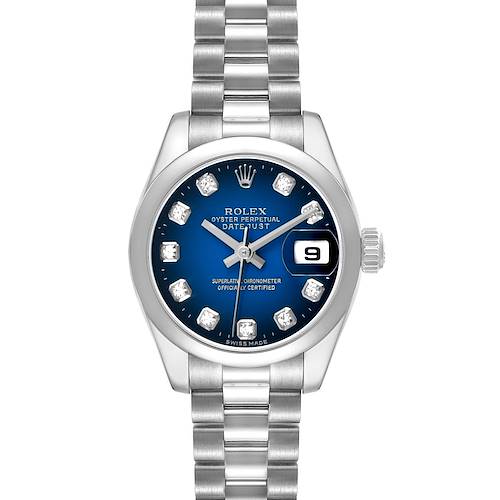 The image shows a front view of the Rolex President 179166 Women's Platinum Blue Dial model watch, featuring its blue dial, date window, and metal bracelet.