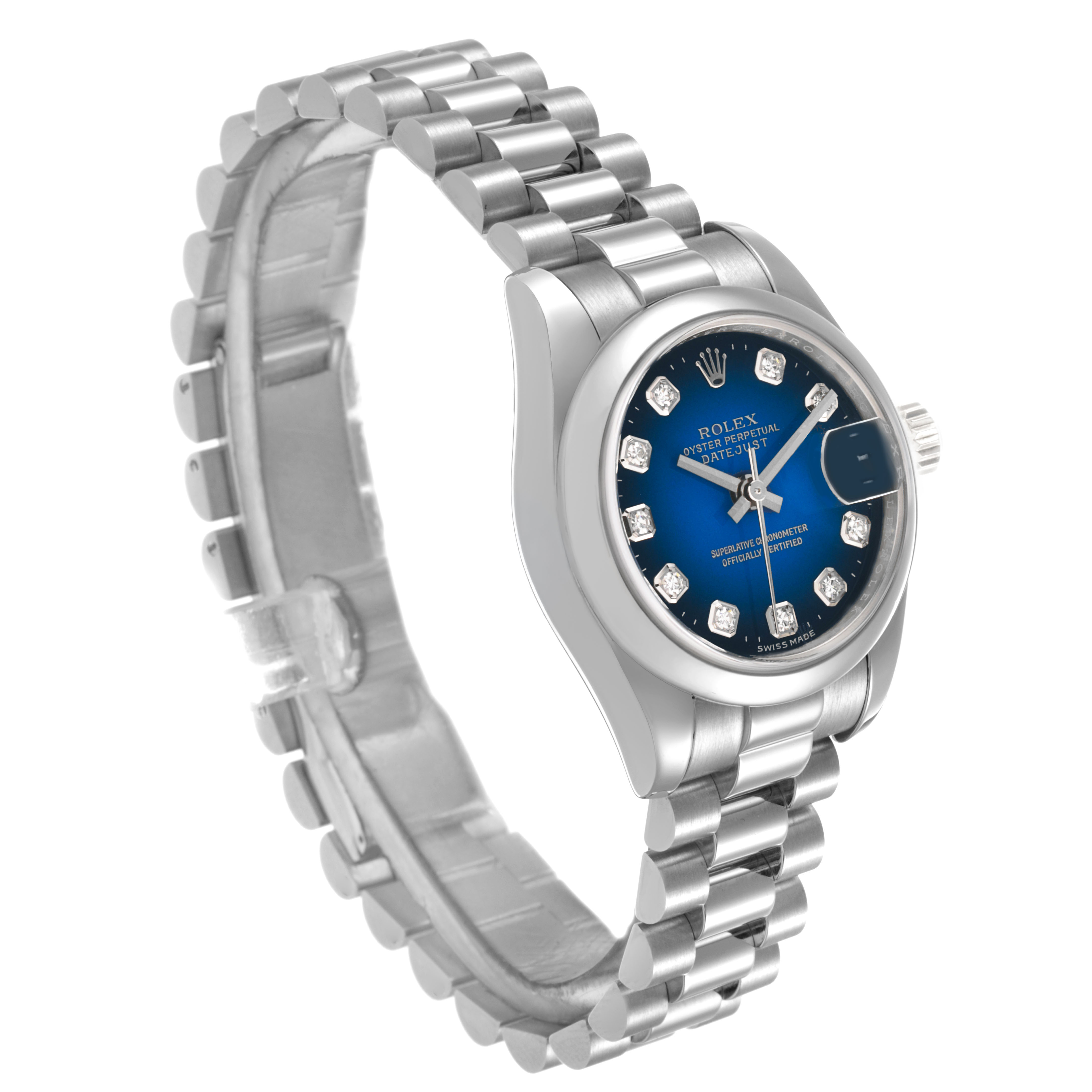 The Rolex President 179166 Women's Platinum Blue Dial watch is shown at a three-quarter angle, highlighting the blue dial, diamond markers, case, and bracelet.