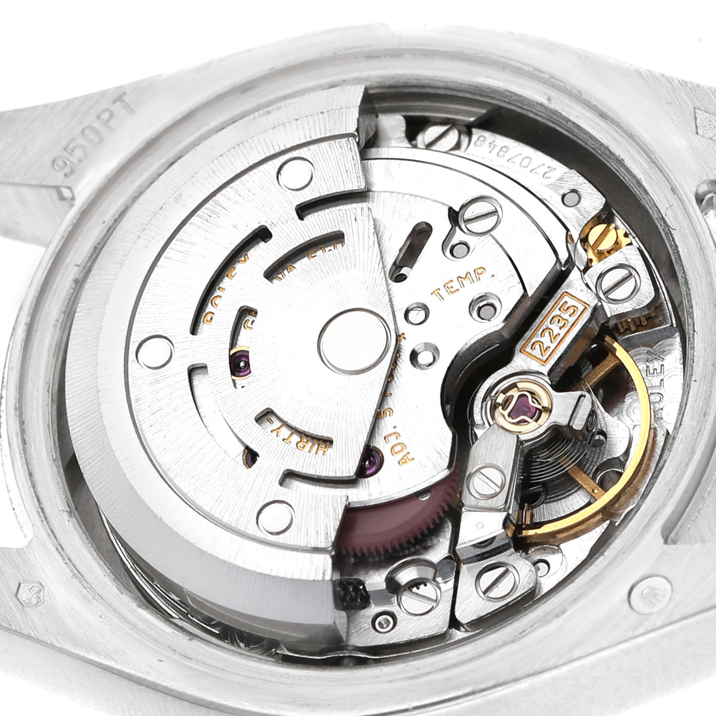 The image shows the internal movement of a Rolex President 179166 Women's Platinum Blue Dial watch, highlighting intricate mechanical parts.
