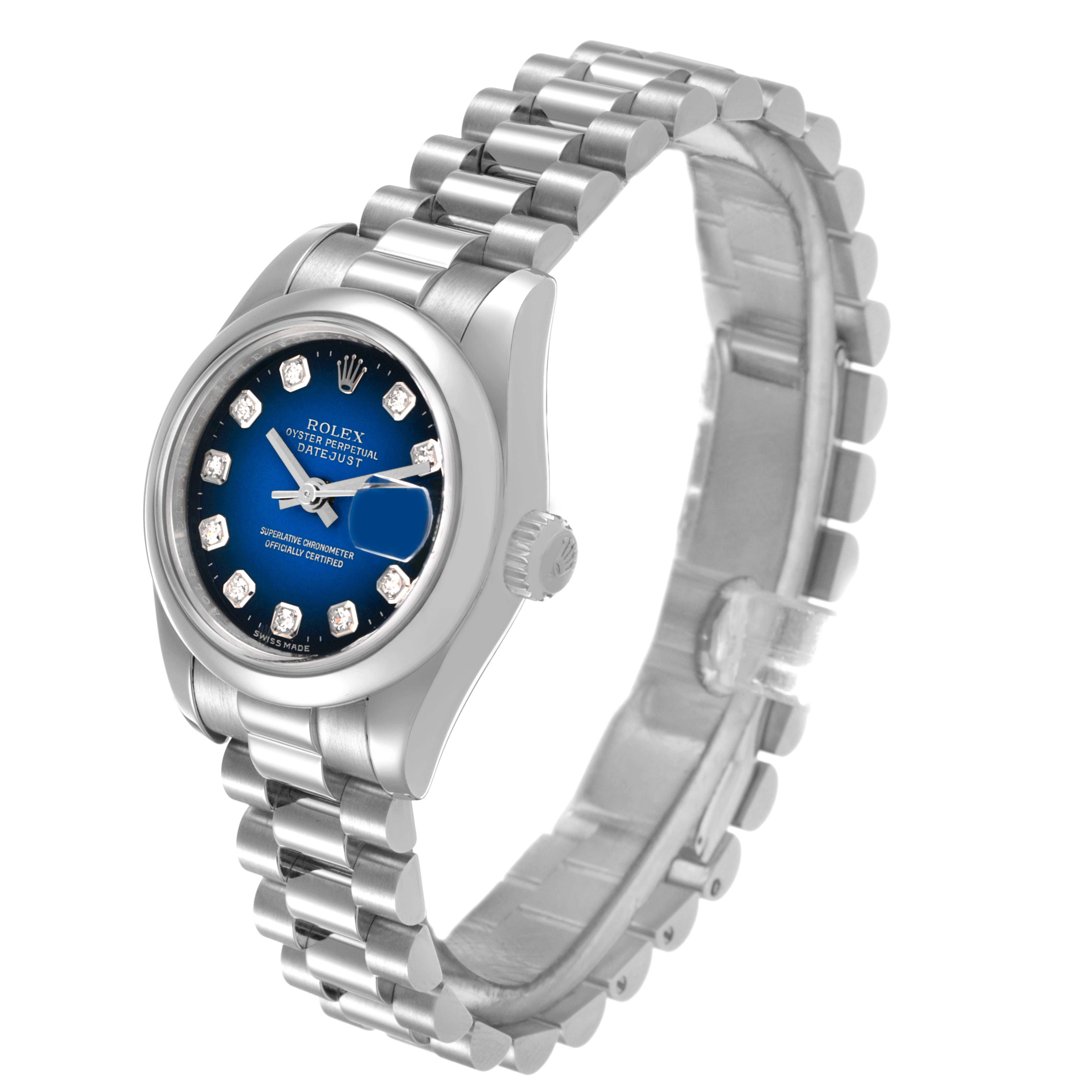 The Rolex President 179166 Women's Platinum Blue Dial model watch is shown at a three-quarter angle, displaying the dial, bezel, crown, and bracelet.