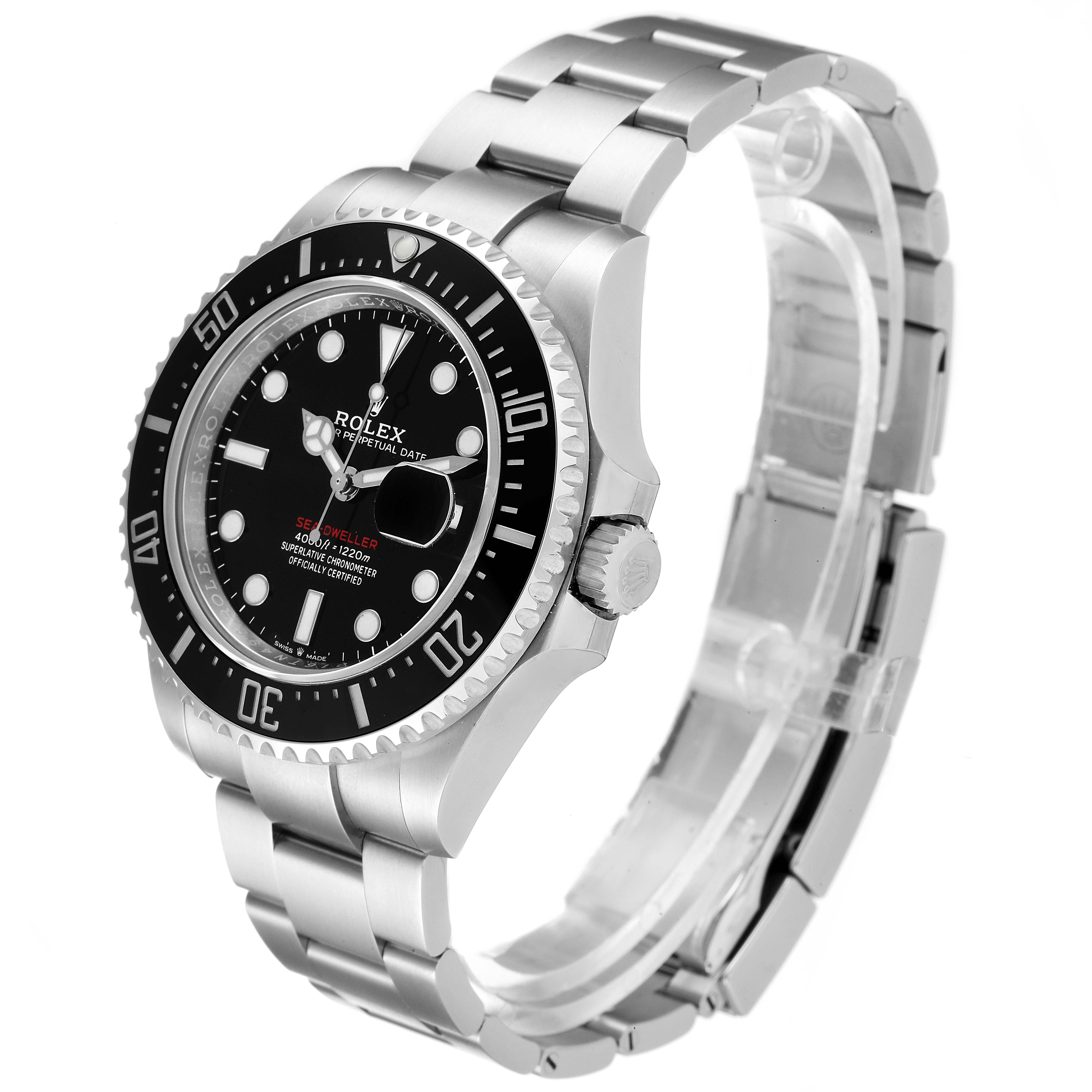 The image shows a side view of the Rolex Sea-Dweller 126600 Men
s Stainless Steel Black Dial 126600 Men
s Stainless Steel Black Dial watch, highlighting its bracelet, bezel, crown, and dial.