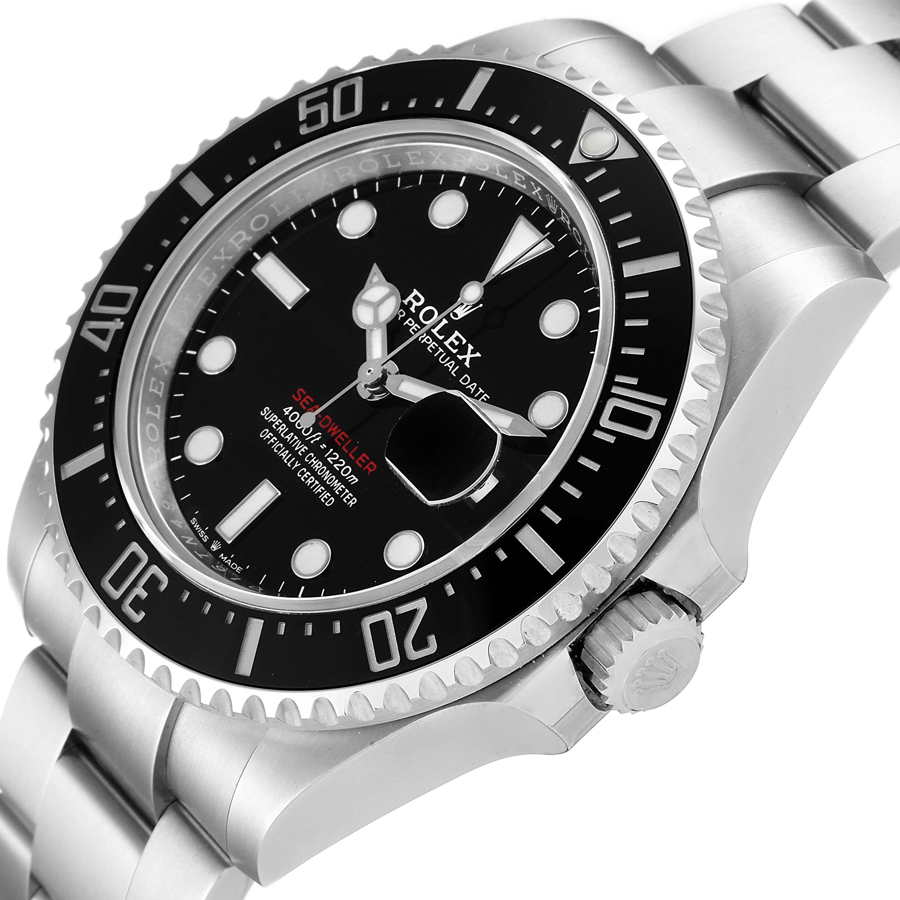 This Rolex Sea-Dweller 126600 Men
s Stainless Steel Black Dial 126600 Men
s Stainless Steel Black Dial watch is shown from an angled view, highlighting the bezel, dial, and crown.