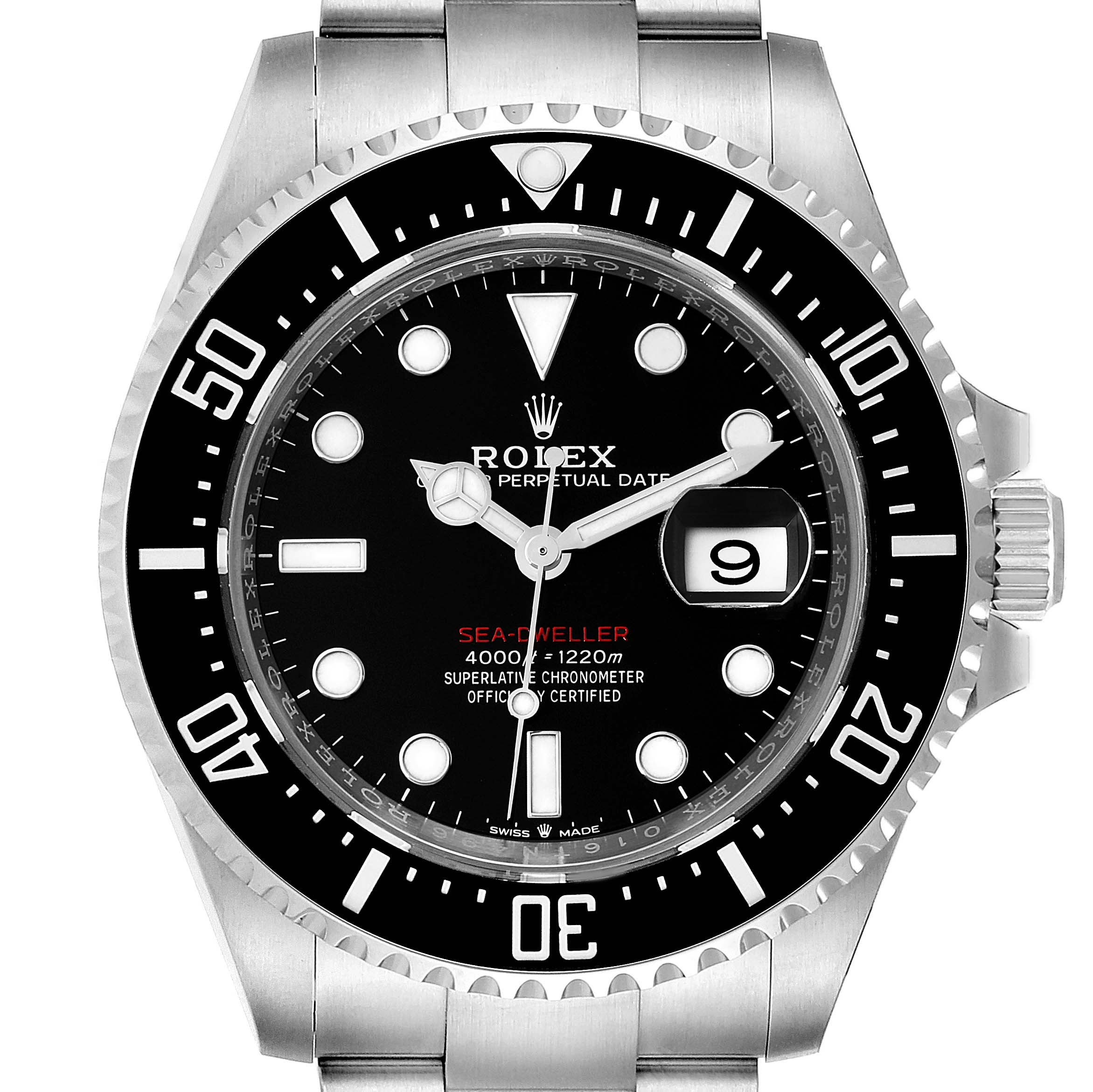 This image shows a front view of the Rolex Sea-Dweller 126600 Men
s Stainless Steel Black Dial 126600 Men
s Stainless Steel Black Dial watch, highlighting its black dial, bezel, and date window.