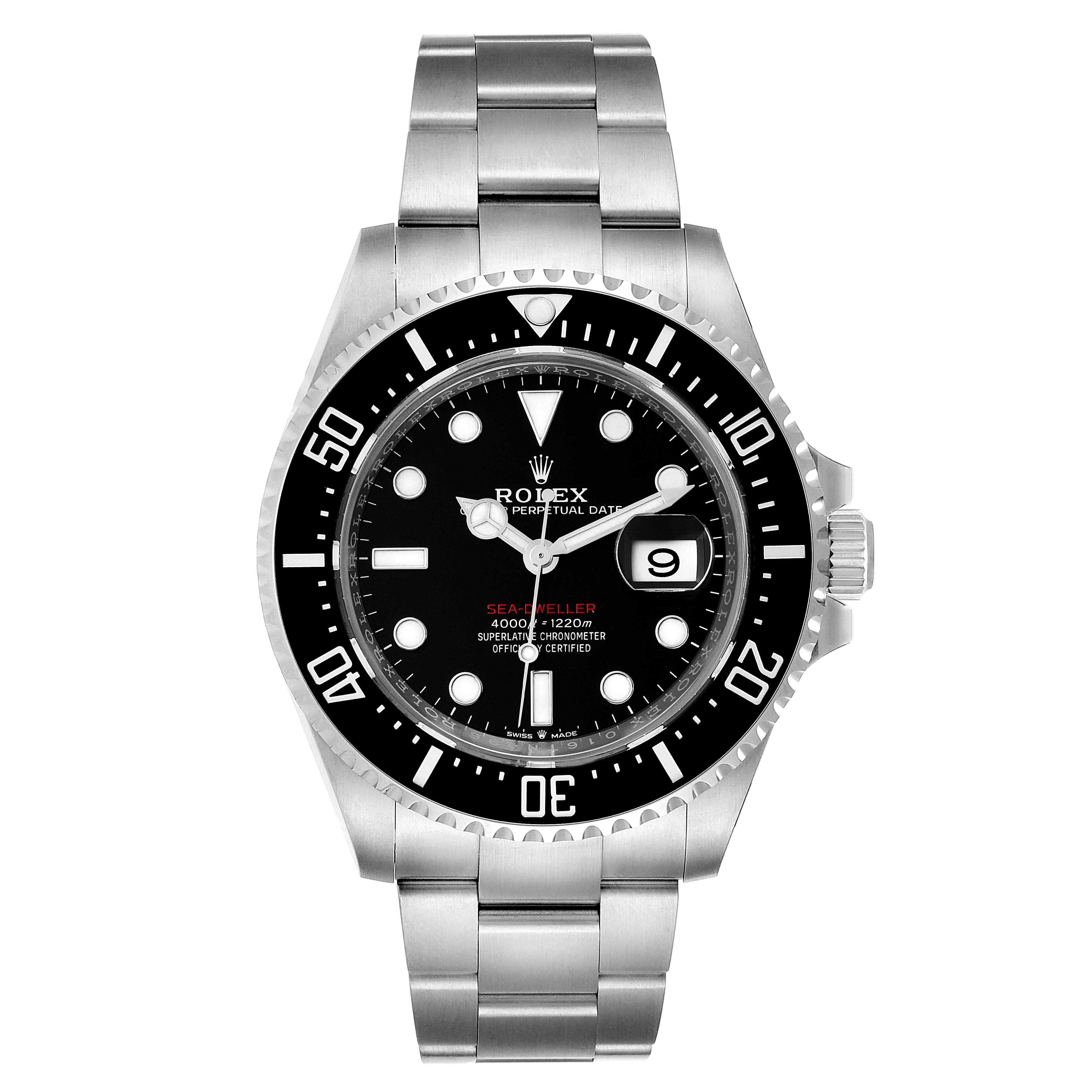 This image shows a front view of the Rolex Sea-Dweller 126600 Men
s Stainless Steel Black Dial 126600 Men
s Stainless Steel Black Dial watch, featuring its dial, bezel, and stainless-steel bracelet.