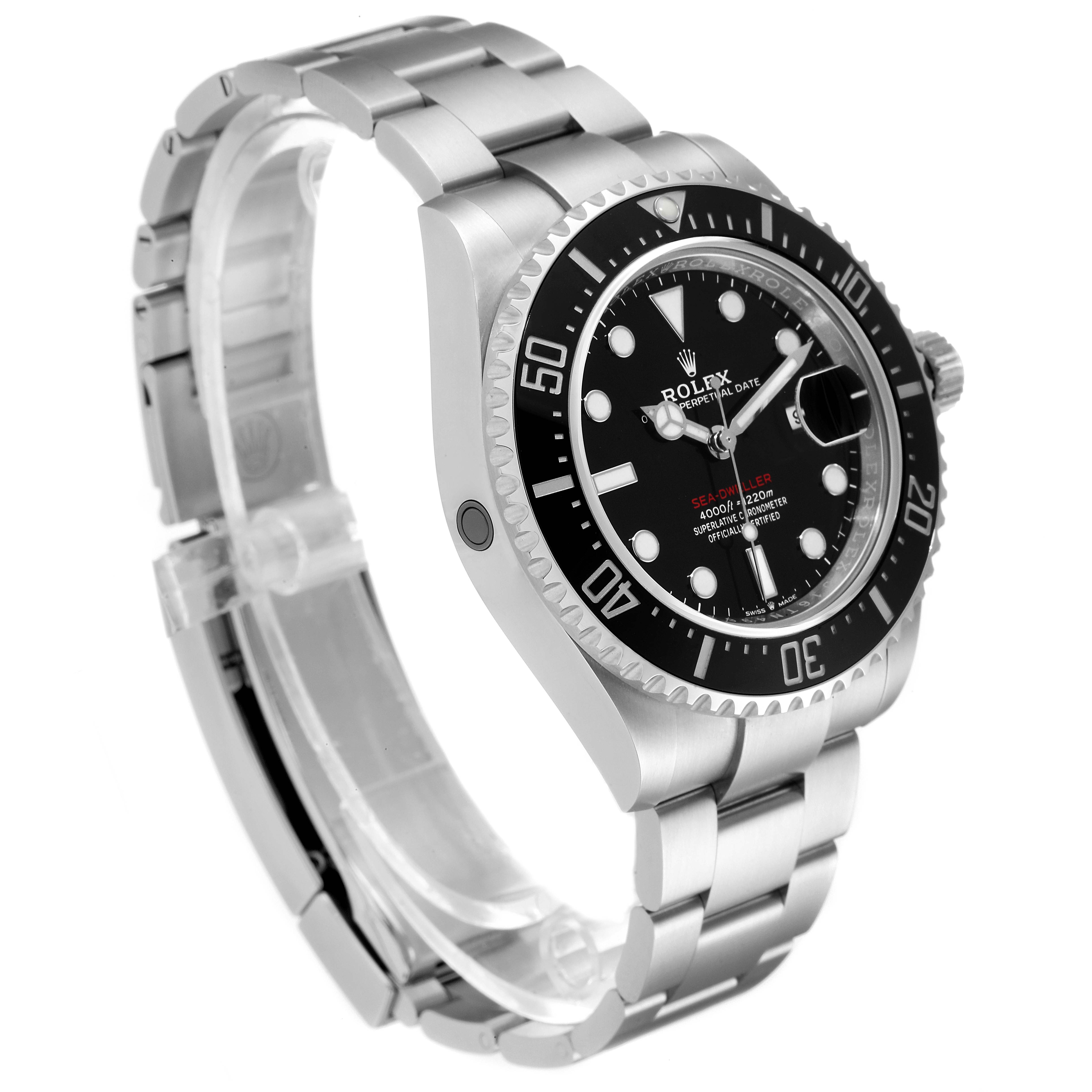 This image shows a Rolex Sea-Dweller 126600 Men
s Stainless Steel Black Dial 126600 Men
s Stainless Steel Black Dial watch angled to reveal the watch face, bezel, and part of the bracelet.