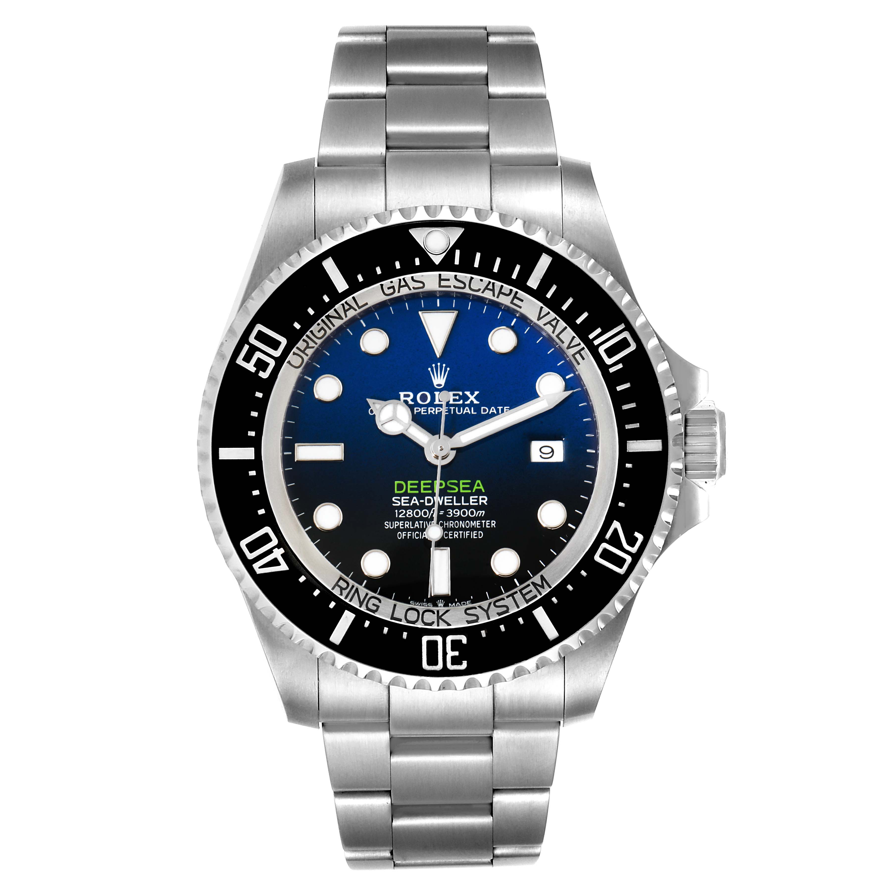 The image shows a front view of a Rolex Sea-Dweller 126660 Men
s Stainless Steel Blue Dial 126660 Men
s Stainless Steel Blue Dial watch, displaying its face, bezel, and bracelet.