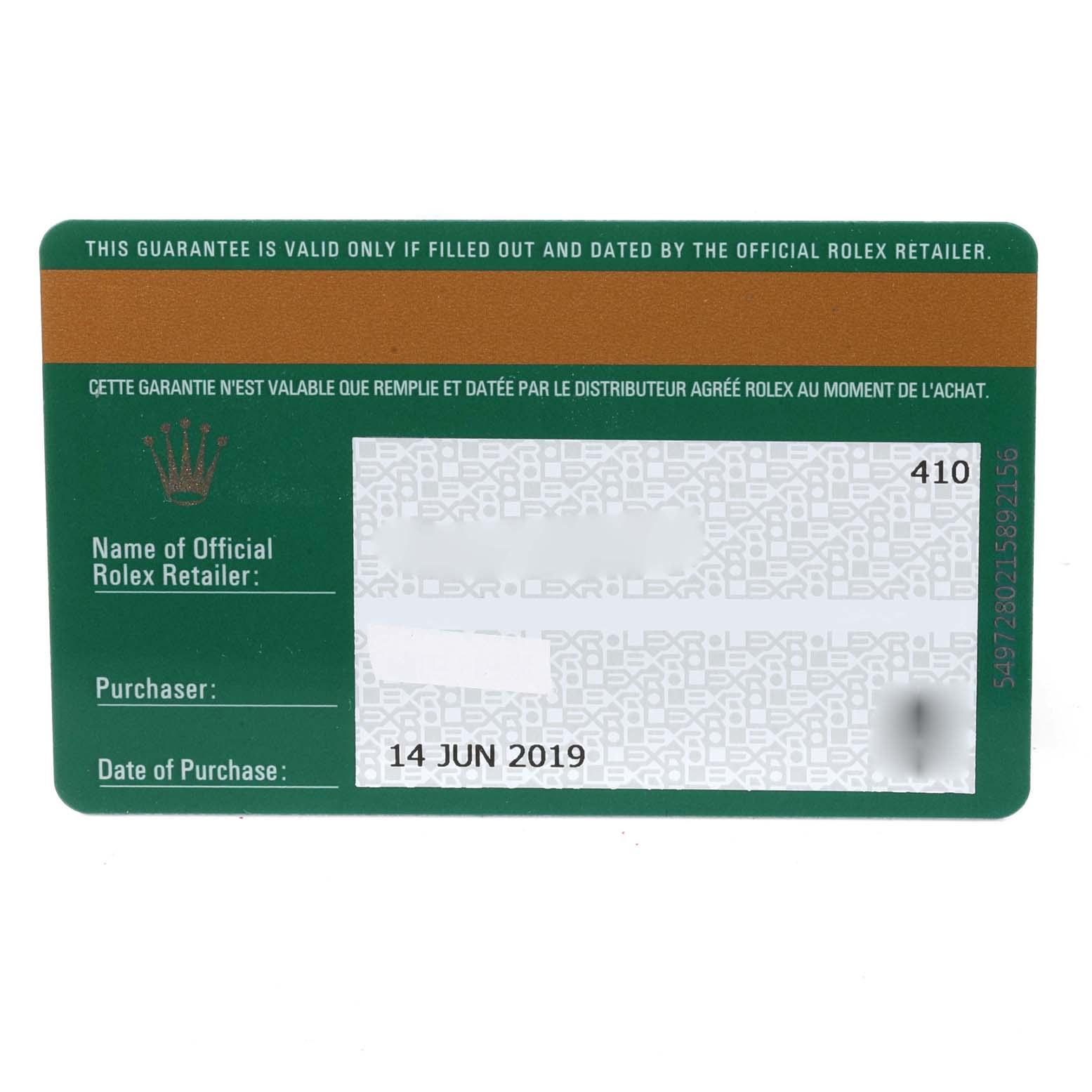 This image shows a Rolex guarantee card dated June 14, 2019, for the Sea-Dweller model.