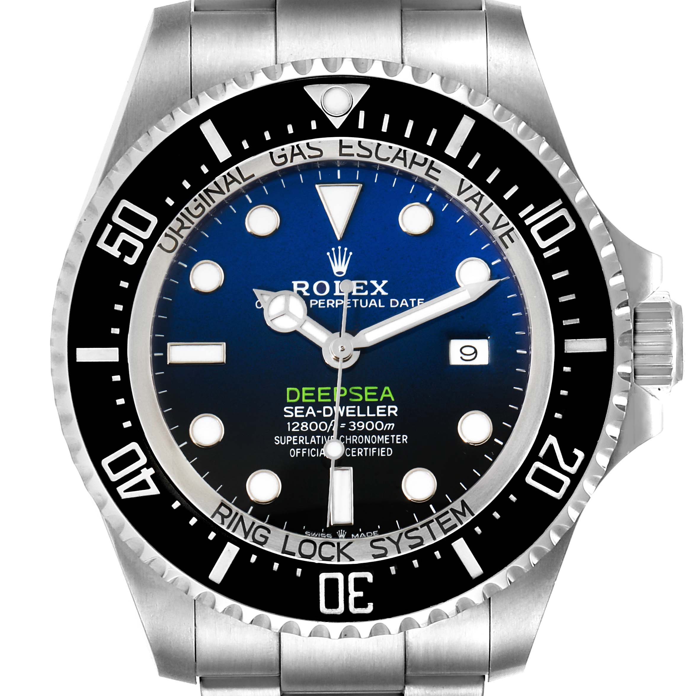 This image shows a front view of the Rolex Sea-Dweller 126660 Men
s Stainless Steel Blue Dial 126660 Men
s Stainless Steel Blue Dial Deepsea watch, highlighting the dial, bezel, and part of the bracelet.