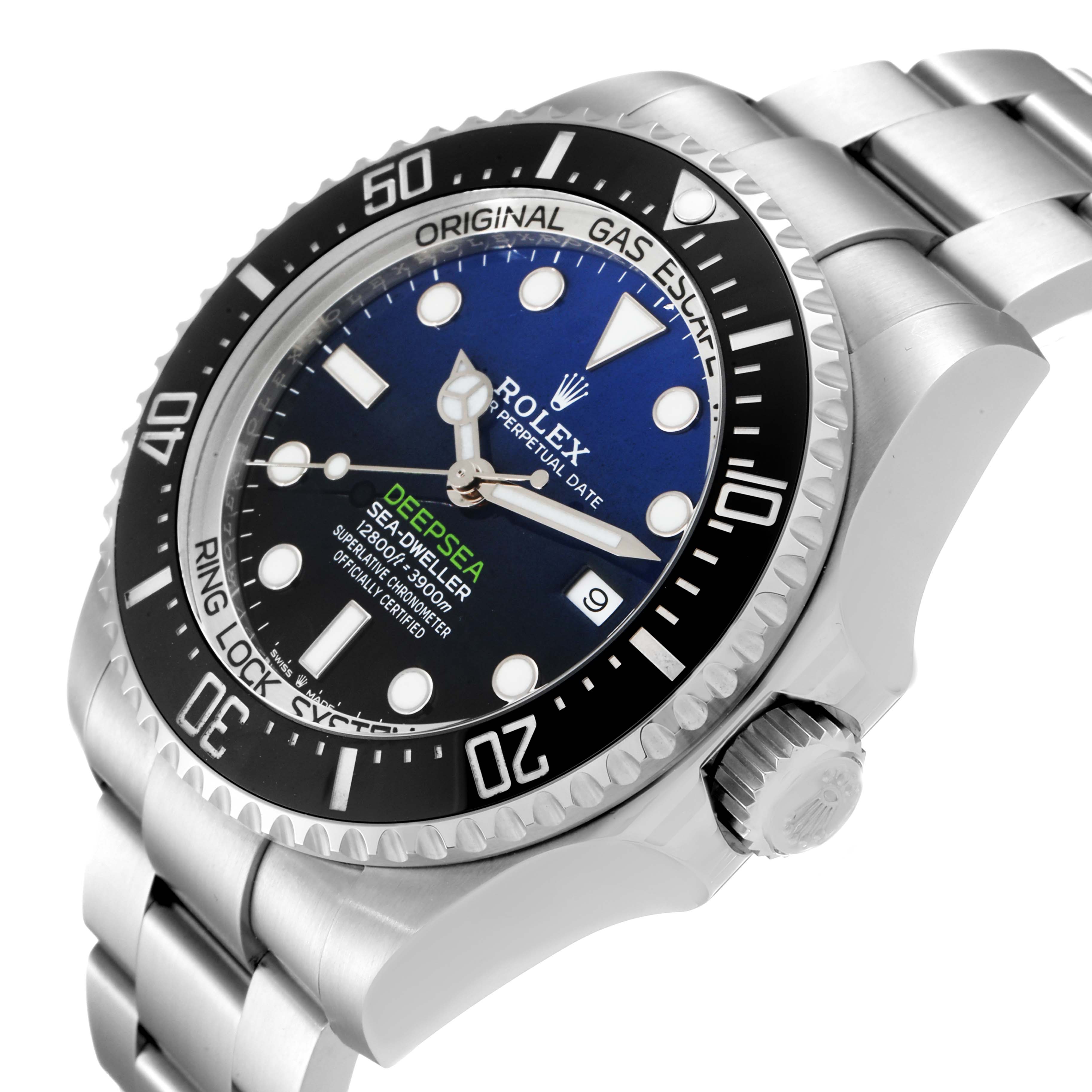 The Rolex Sea-Dweller 126660 Men
s Stainless Steel Blue Dial 126660 Men
s Stainless Steel Blue Dial watch is shown at an angled view, capturing the face, bezel, crown, and part of the bracelet.