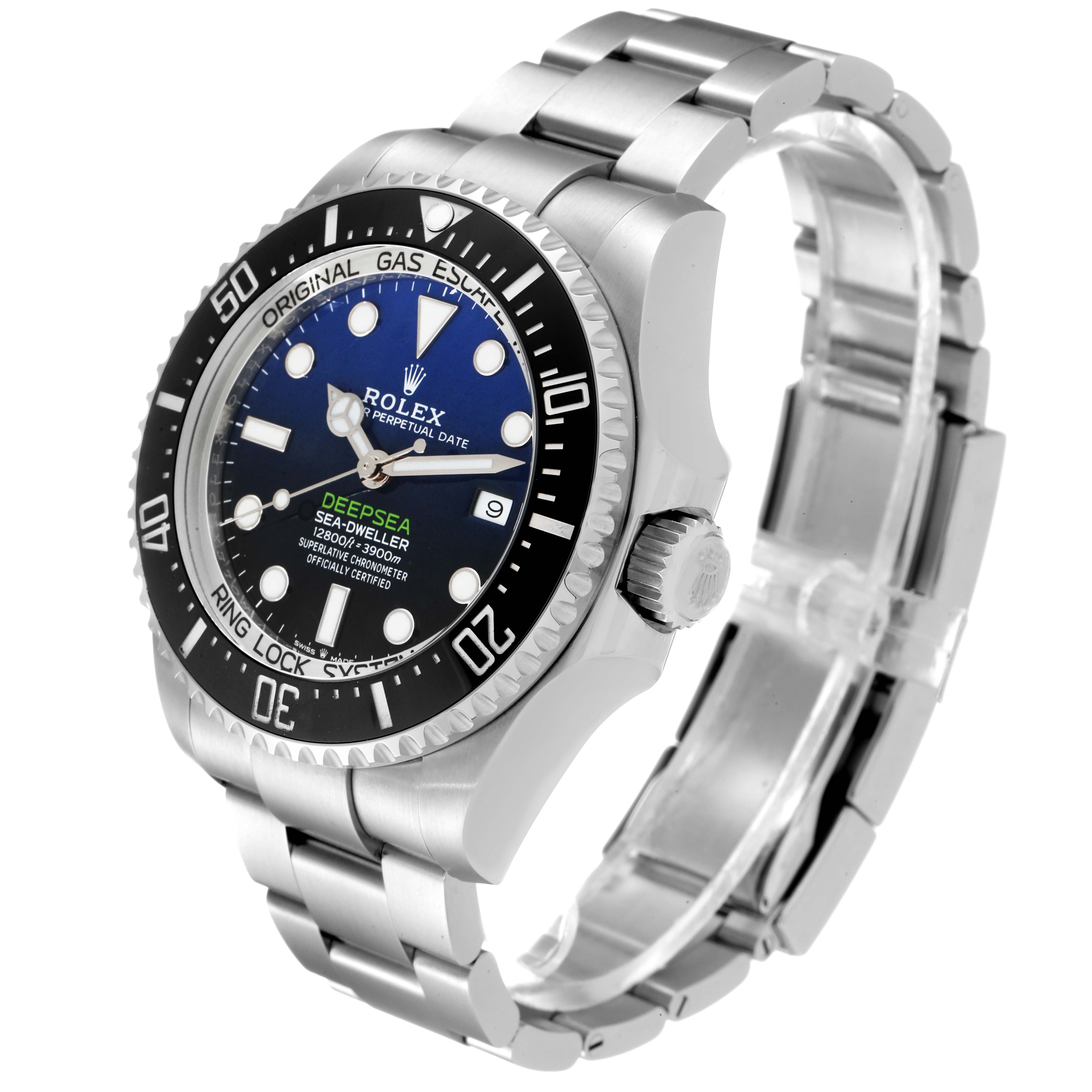 The Sea-Dweller Rolex watch is displayed at a three-quarter angle, showcasing the face, bezel, crown, and bracelet.