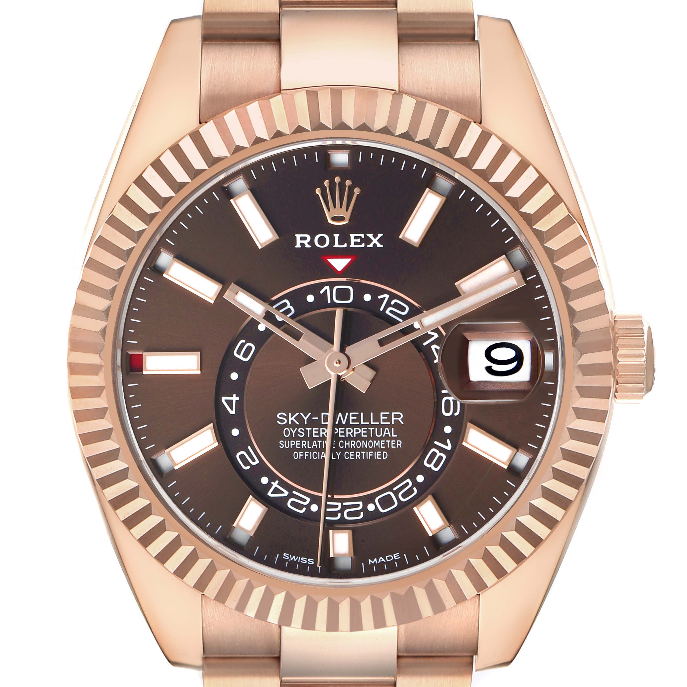 The Rolex Sky-Dweller 326935 Men's Rose Gold Brown Dial watch is shown from a front angle, highlighting the dial, bezel, and part of the strap.
