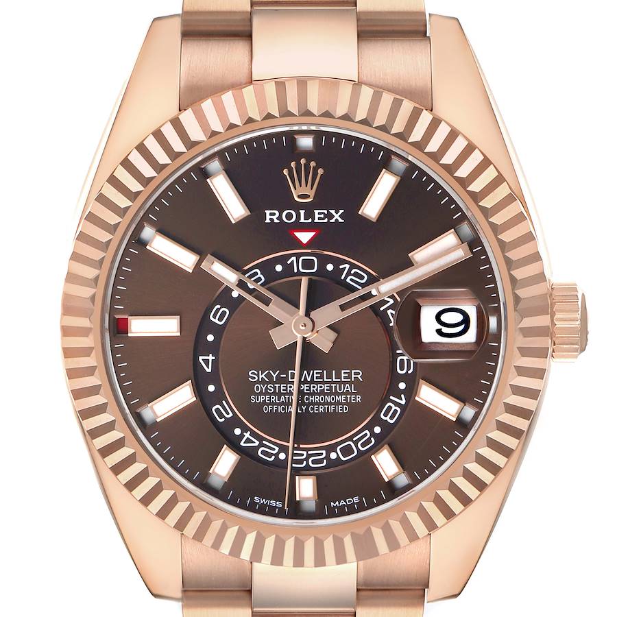 The Rolex Sky-Dweller 326935 Men's Rose Gold Brown Dial watch is shown from a front angle, highlighting the dial, bezel, and part of the strap.